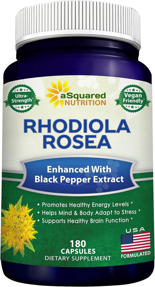 Rhodiola Rosea Max Strength Supplement with Black Pepper - 180 Capsules for Stress Relief, Mood, Focus & Energy - 500mg