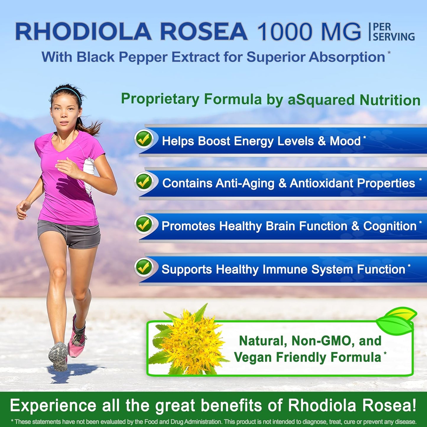 Rhodiola Rosea Max Strength Supplement with Black Pepper - 180 Capsules for Stress Relief, Mood, Focus & Energy - 500mg