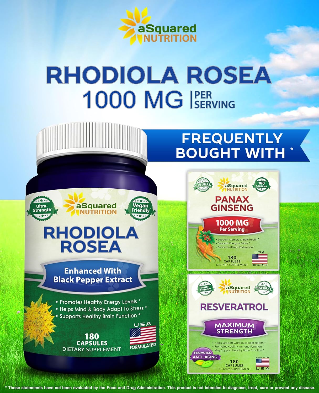 Rhodiola Rosea Max Strength Supplement with Black Pepper - 180 Capsules for Stress Relief, Mood, Focus & Energy - 500mg