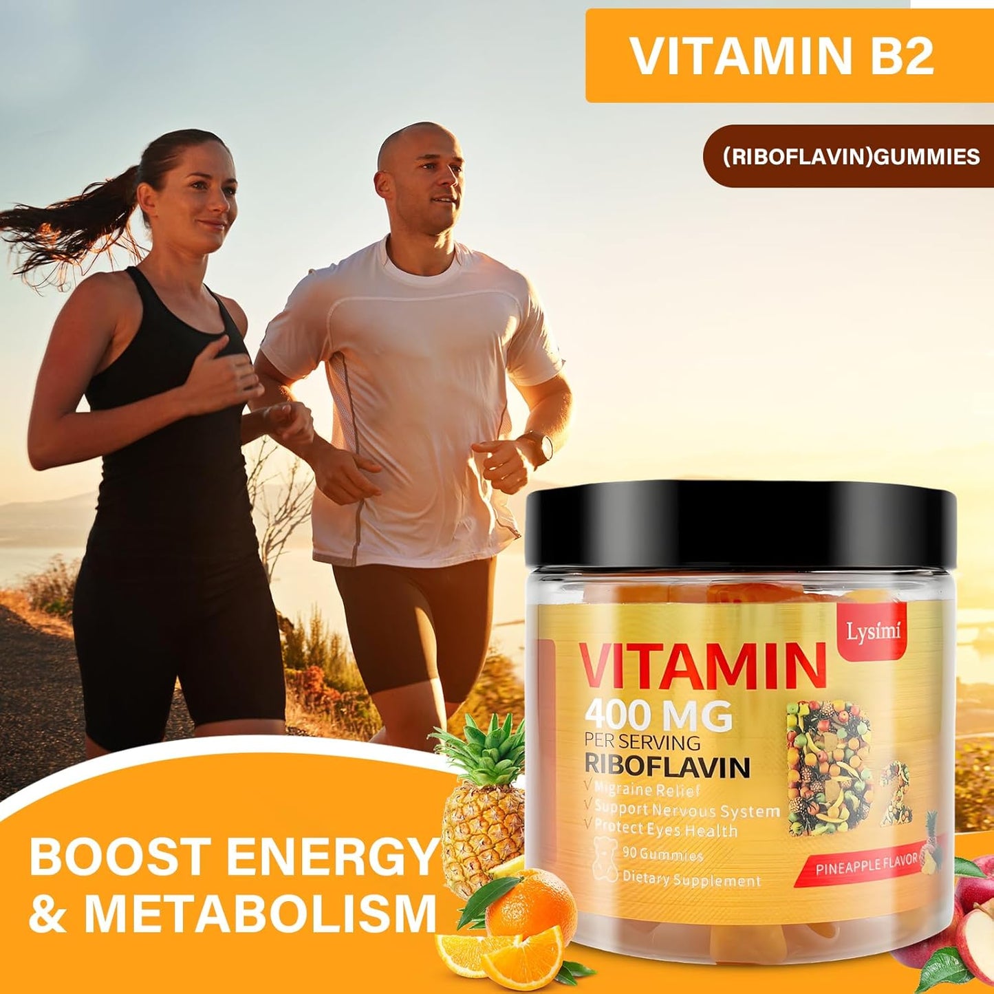 Riboflavin Gummies with Magnesium & CoQ10 for Migraine Relief - 90 Pineapple Flavored Chewable Vitamin B2 Gummies for Kids & Adults