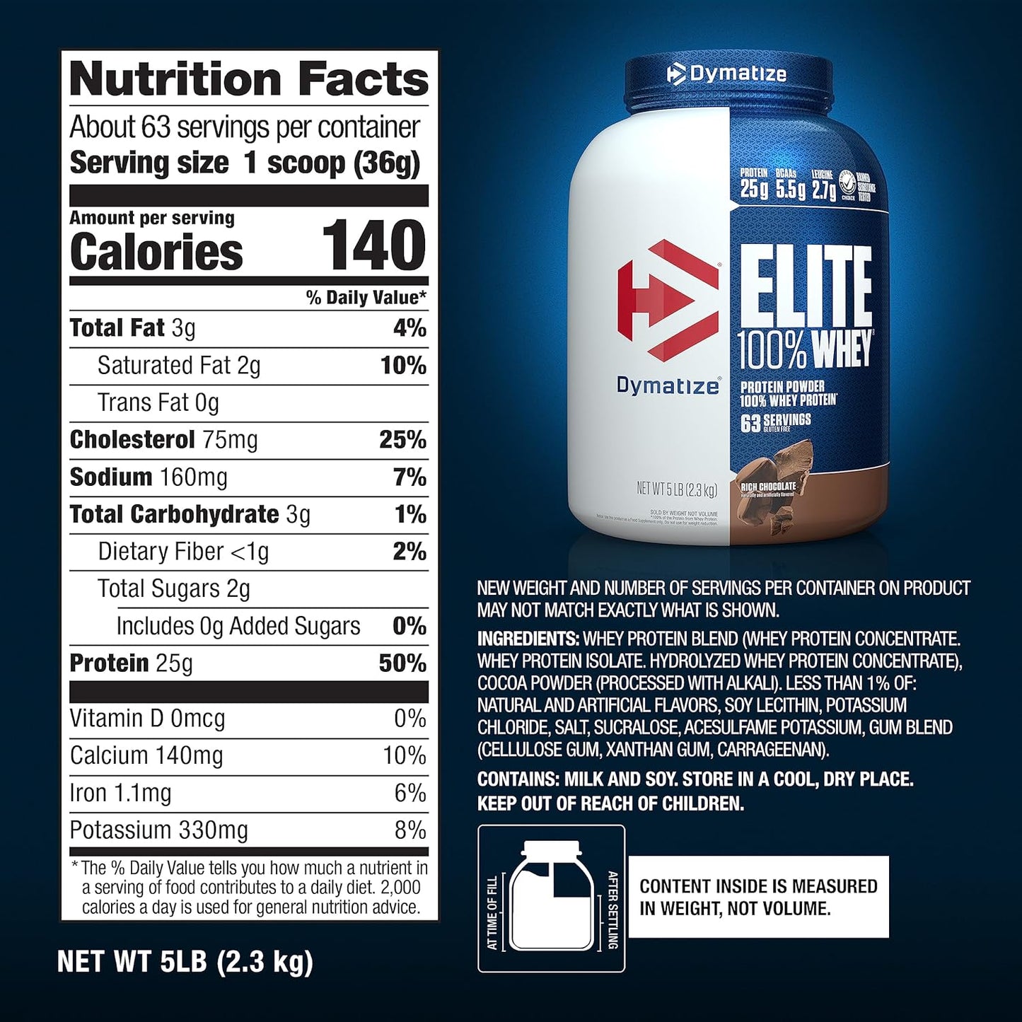 Rich Chocolate Dymatize Elite 100% Whey Protein Powder - 25g Protein, 5.5g BCAAs, 2.7 L-Leucine - Fast Absorbing & Digesting for Muscle Recovery - 5lb, 63 Servings