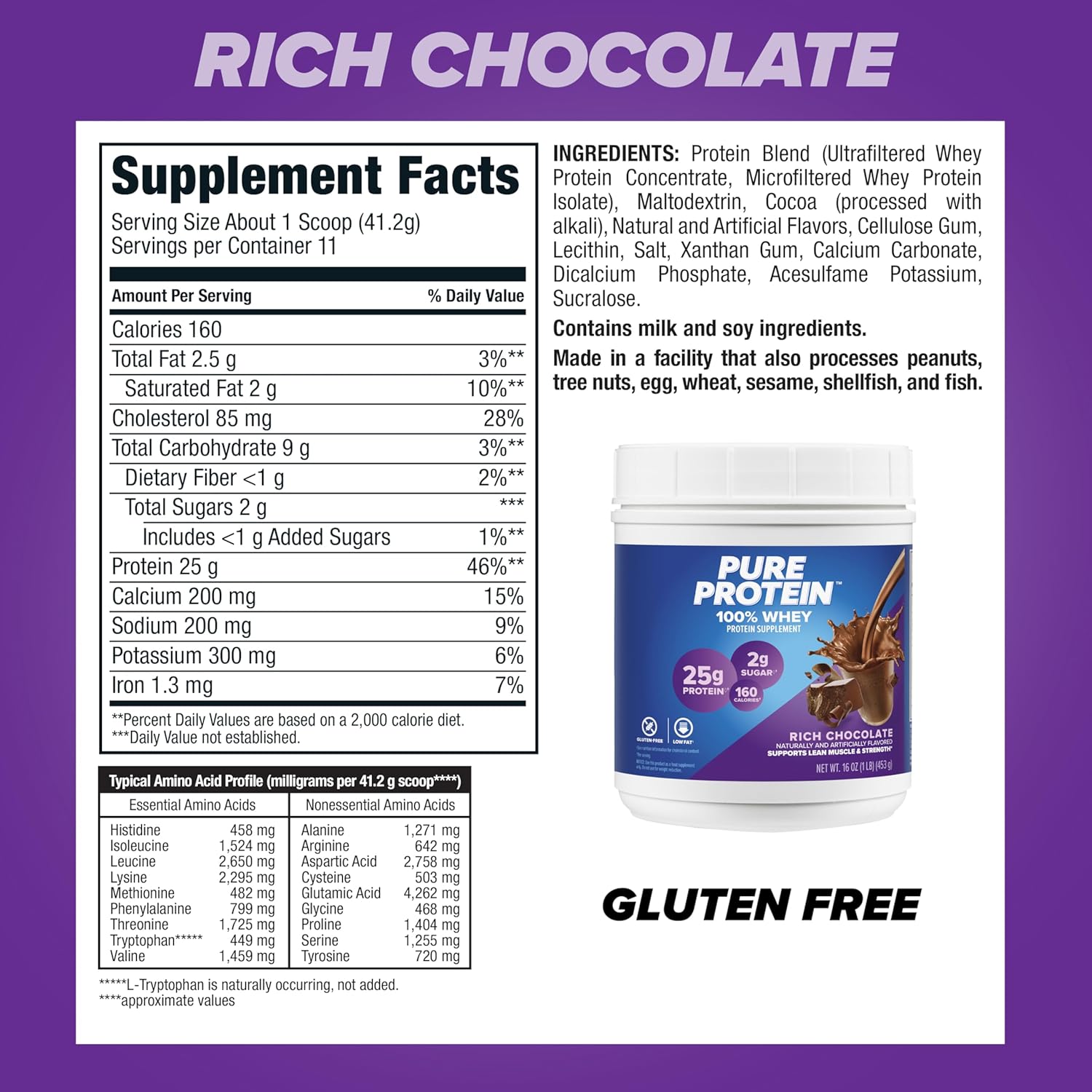 Rich Chocolate Whey Protein Powder, 1 lb - Gluten Free, High Protein, Low Sugar