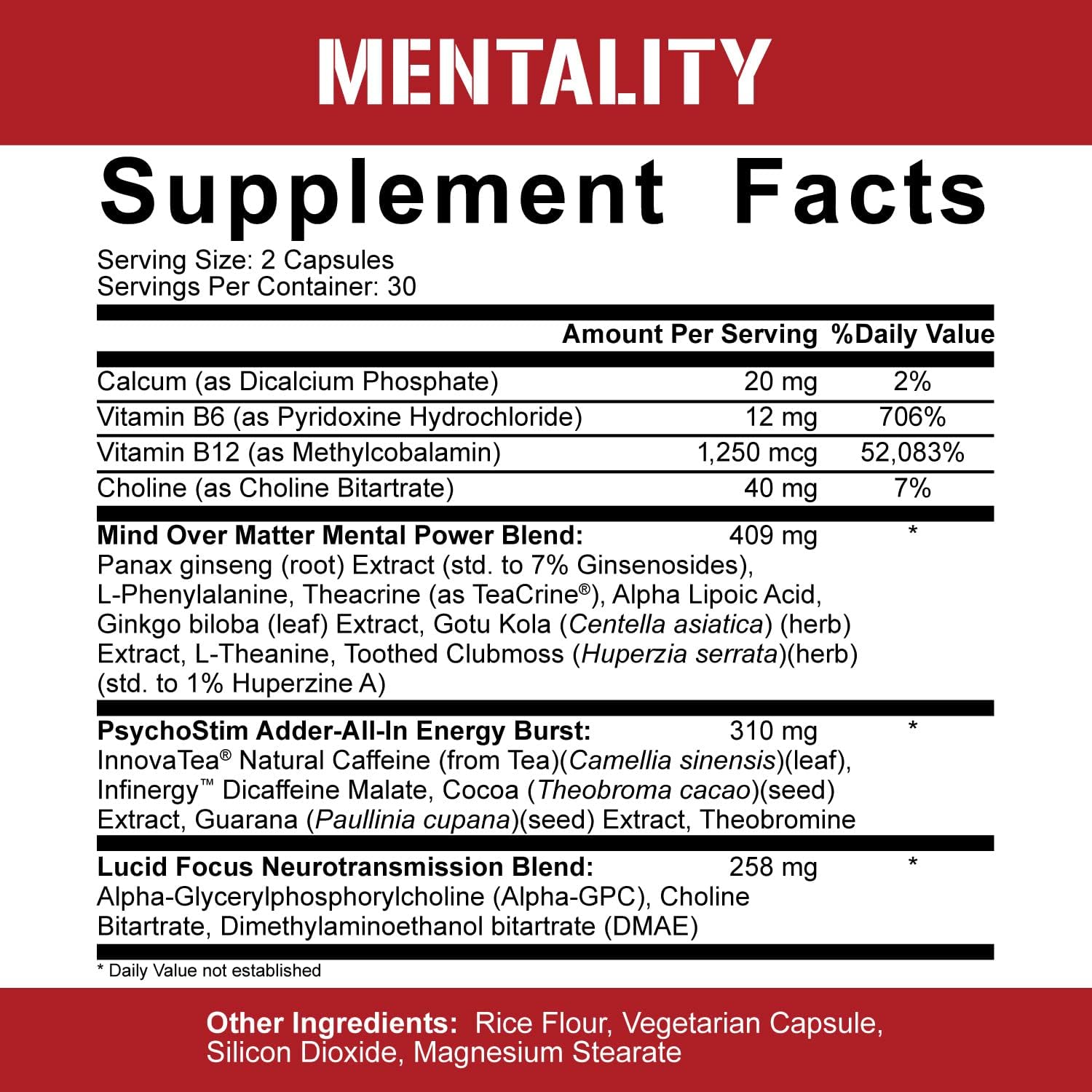 Rich Piana Mentality Nootropic Blend - Brain Booster Supplement for Performance and Memory - Ginseng, Ginkgo, L-Theanine - 60 Capsules