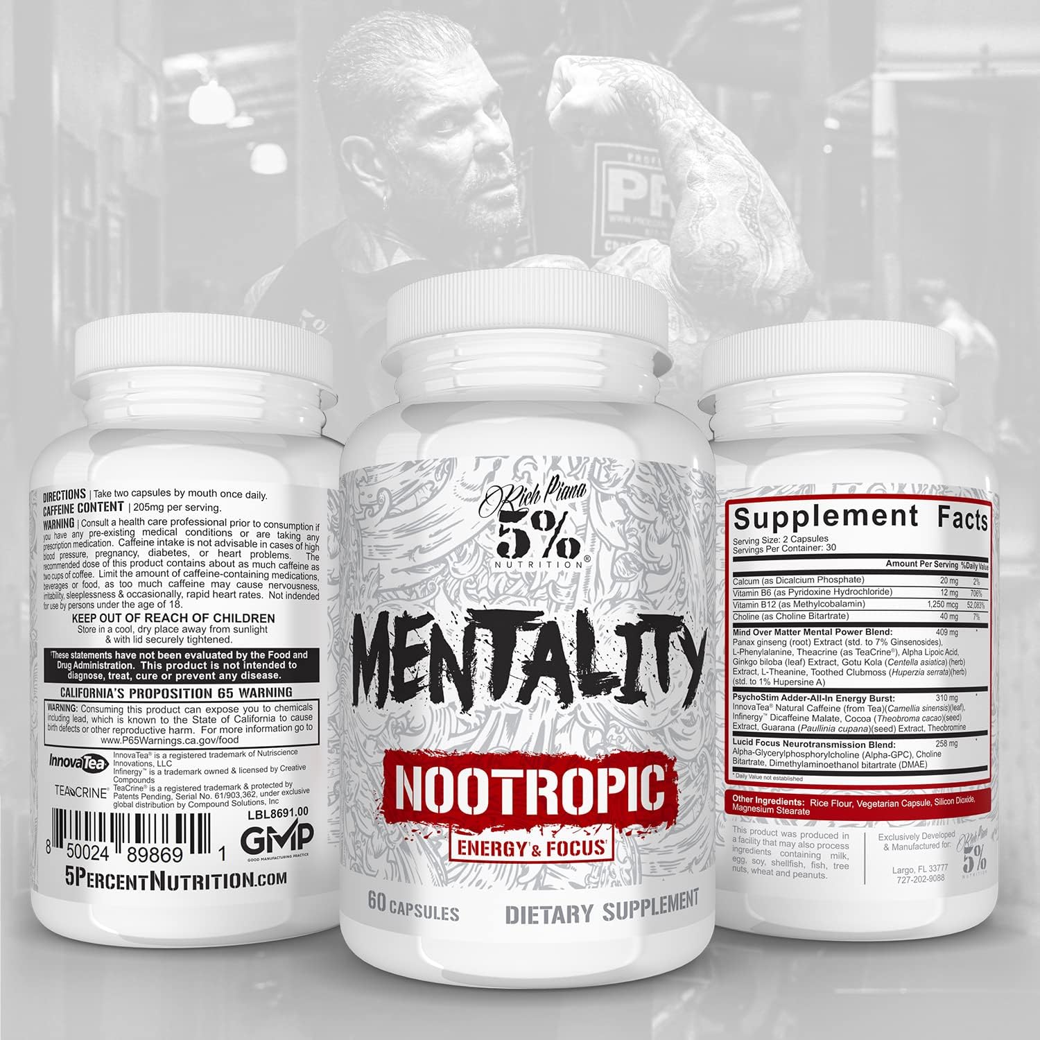 Rich Piana Mentality Nootropic Blend - Brain Booster Supplement for Performance and Memory - Ginseng, Ginkgo, L-Theanine - 60 Capsules