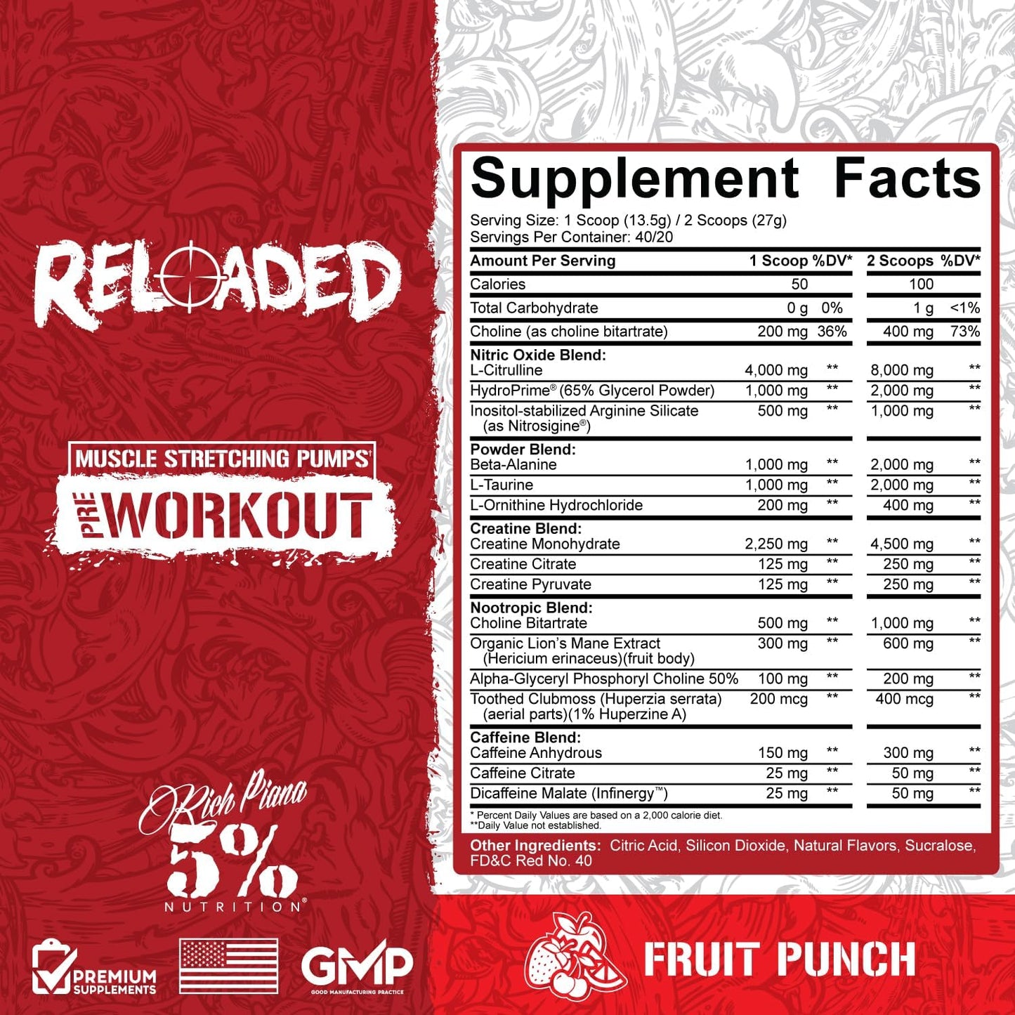 Rich Piana Reloaded High Stim Pre-Workout Supplement for Energy, Focus, Pumps, Power, and Endurance - Fruit Punch Flavor