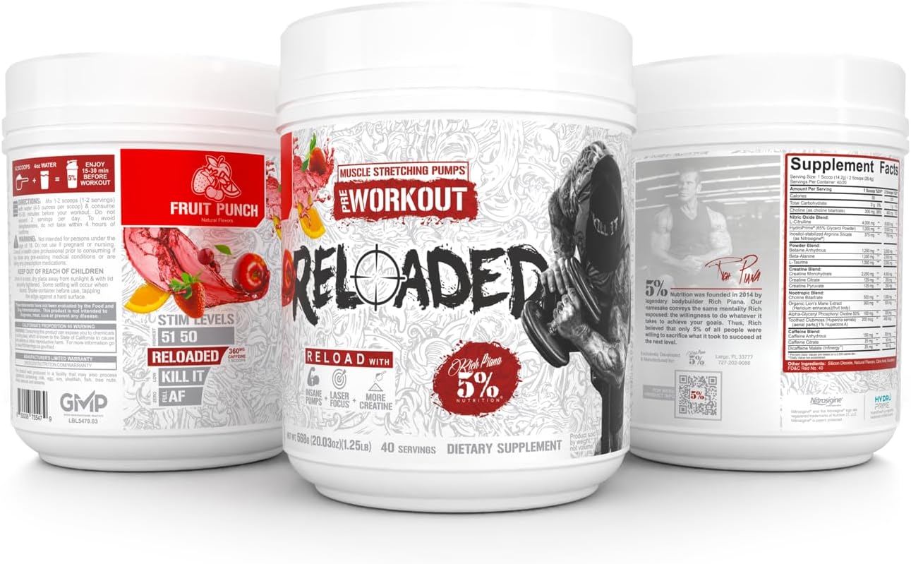 Rich Piana Reloaded High Stim Pre-Workout Supplement for Energy, Focus, Pumps, Power, and Endurance - Fruit Punch Flavor