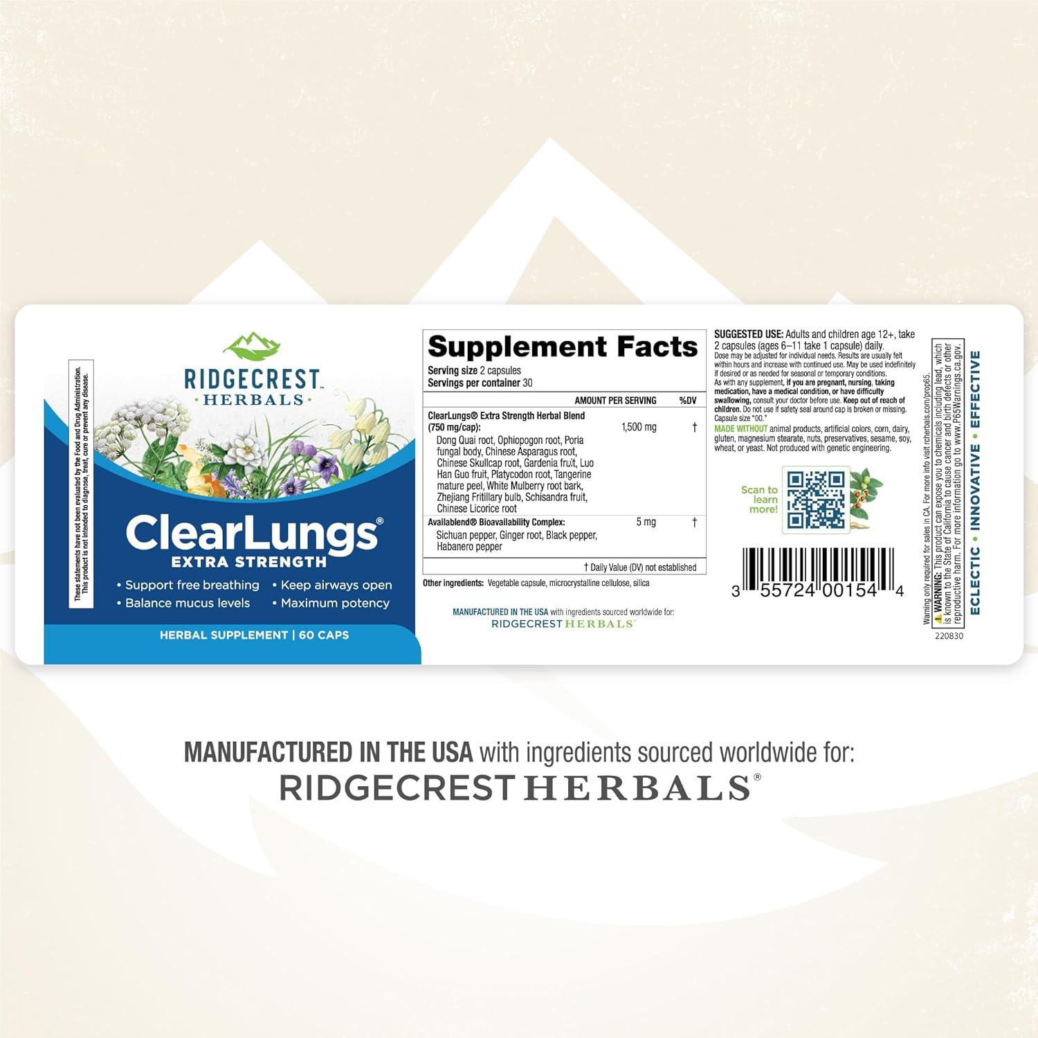RidgeCrest ClearLungs Extra Strength Herbal Decongestant - 60 Vegetarian Capsules by RidgeCrest Herbals