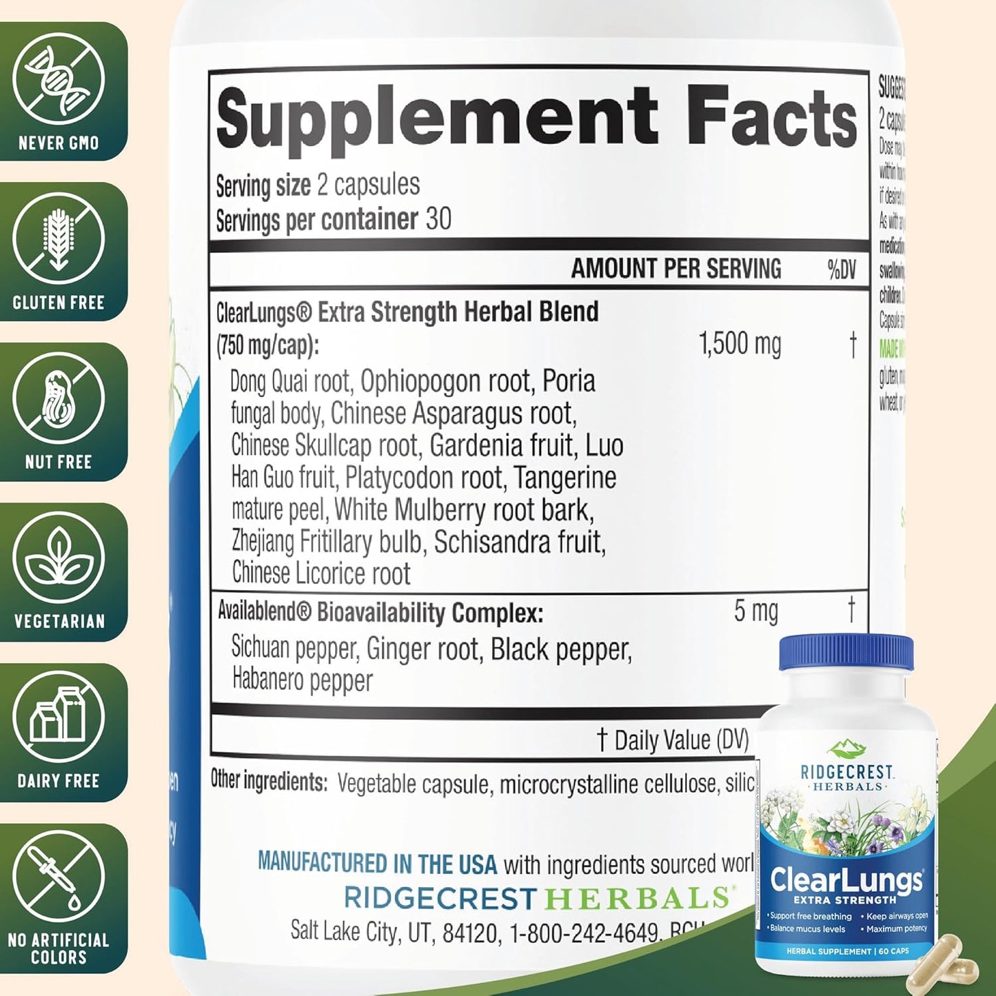 RidgeCrest Herbals ClearLungs Extra Strength Capsules for Lung, Nasal, and Respiratory Health (60 Count)