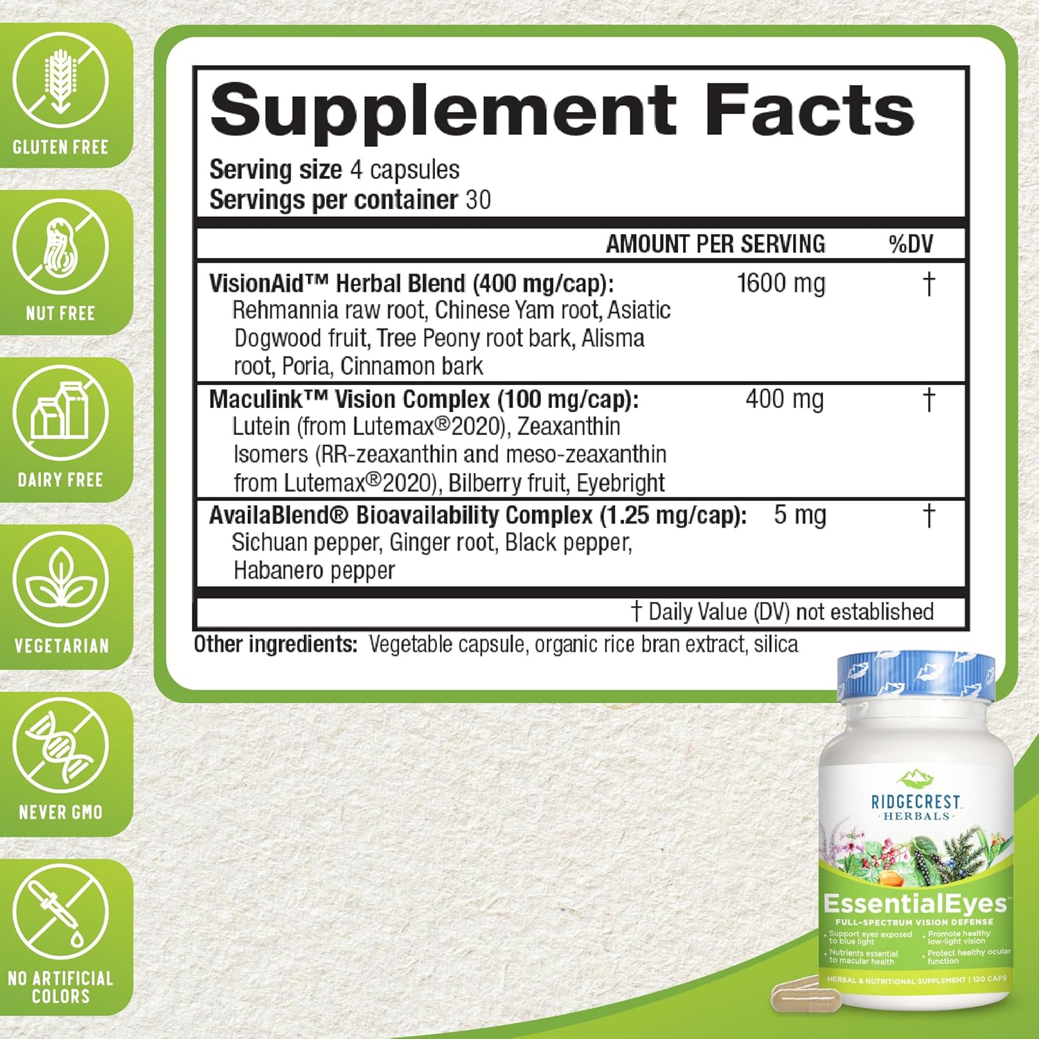 Ridgecrest Herbals EssentialEyes: Natural Eye Vitamin Supplements with Lutein, Zeaxanthin, Bilberry Extract for Eye and Vision Health - 120 Vegan Capsules