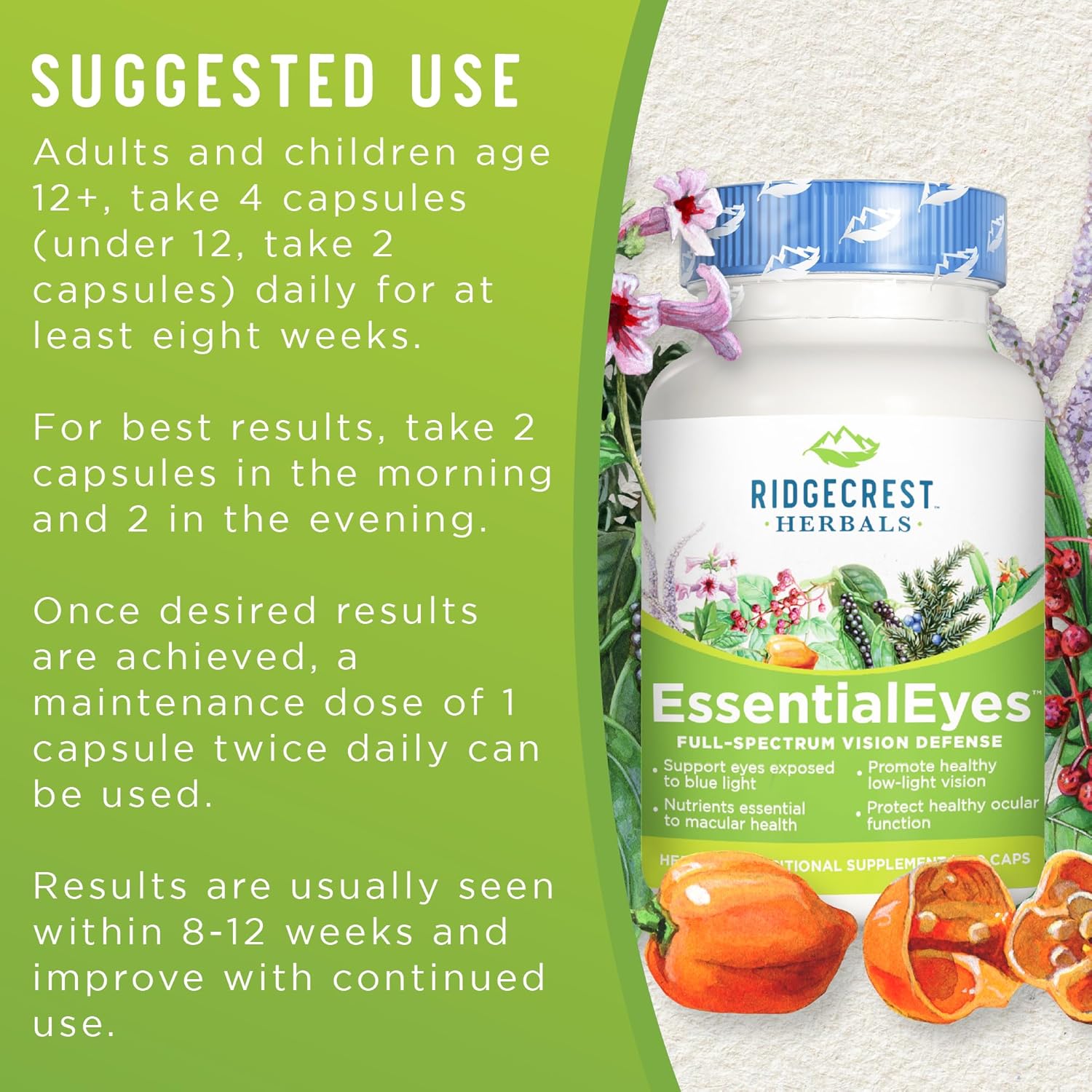 Ridgecrest Herbals EssentialEyes: Natural Eye Vitamin Supplements with Lutein, Zeaxanthin, Bilberry Extract for Eye and Vision Health - 120 Vegan Capsules