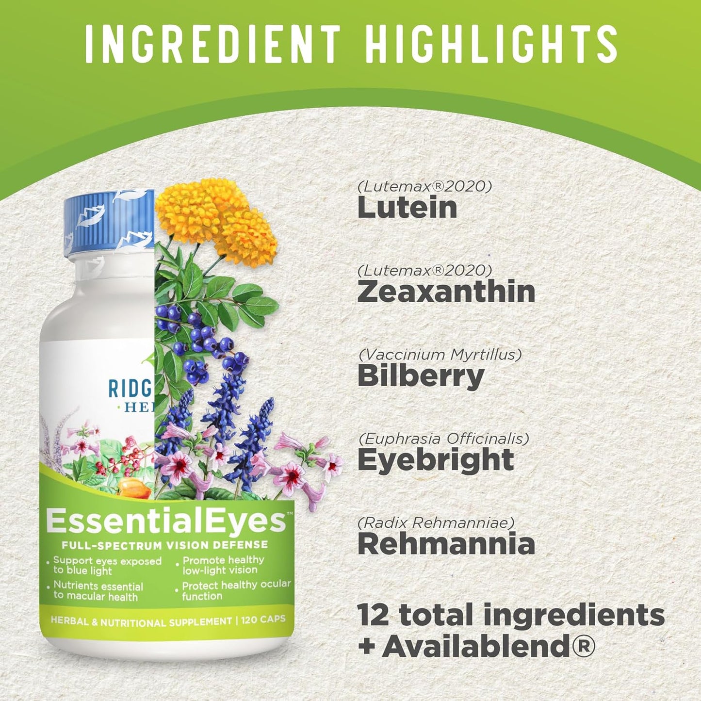 Ridgecrest Herbals EssentialEyes: Natural Eye Vitamin Supplements with Lutein, Zeaxanthin, Bilberry Extract for Eye and Vision Health - 120 Vegan Capsules
