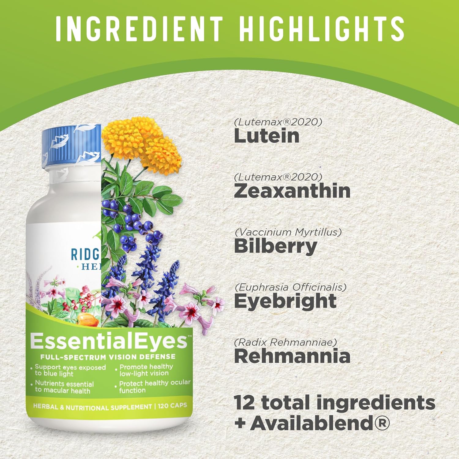 Ridgecrest Herbals EssentialEyes: Natural Eye Vitamin Supplements with Lutein, Zeaxanthin, Bilberry Extract for Eye and Vision Health - 120 Vegan Capsules