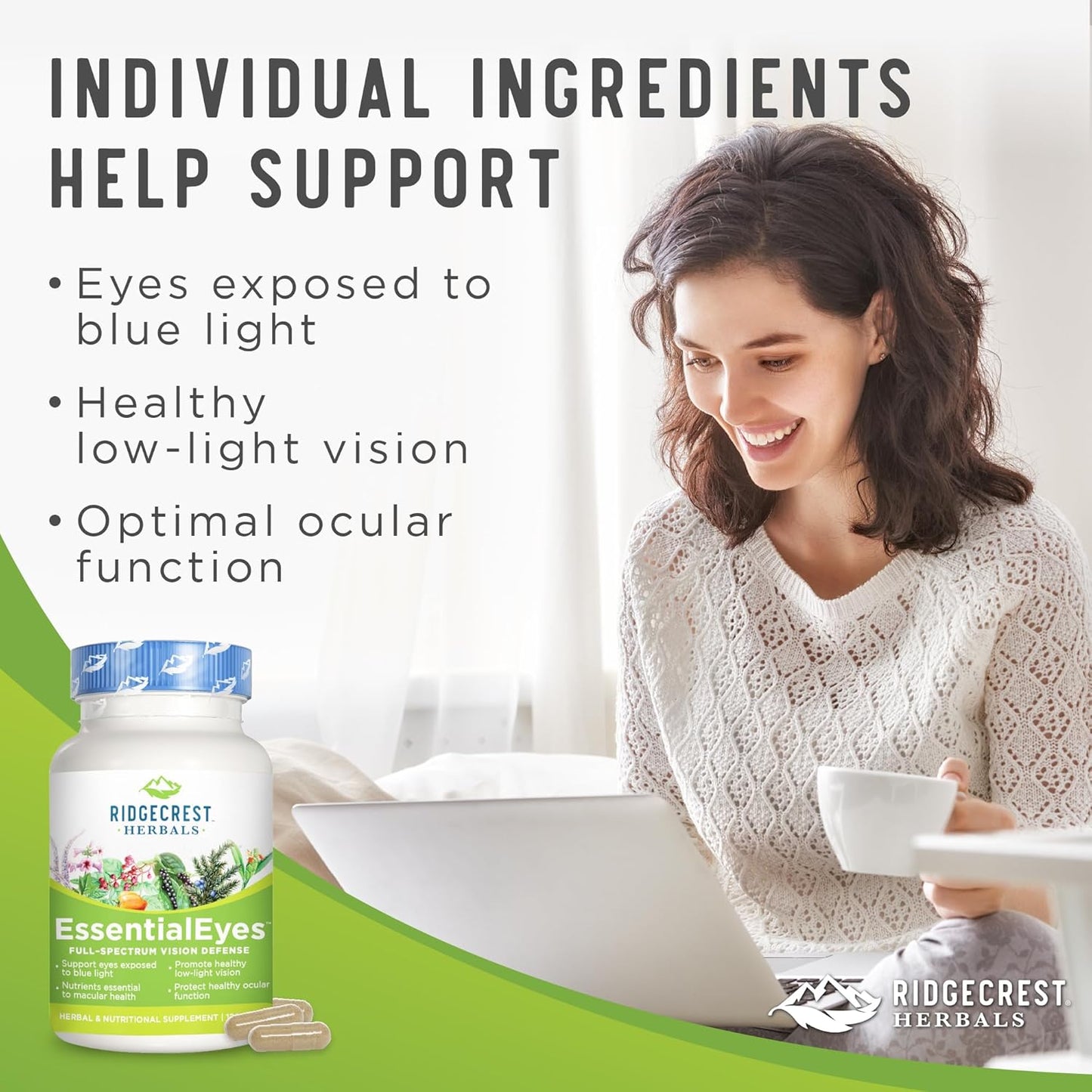 Ridgecrest Herbals EssentialEyes: Natural Eye Vitamin Supplements with Lutein, Zeaxanthin, Bilberry Extract for Eye and Vision Health - 120 Vegan Capsules