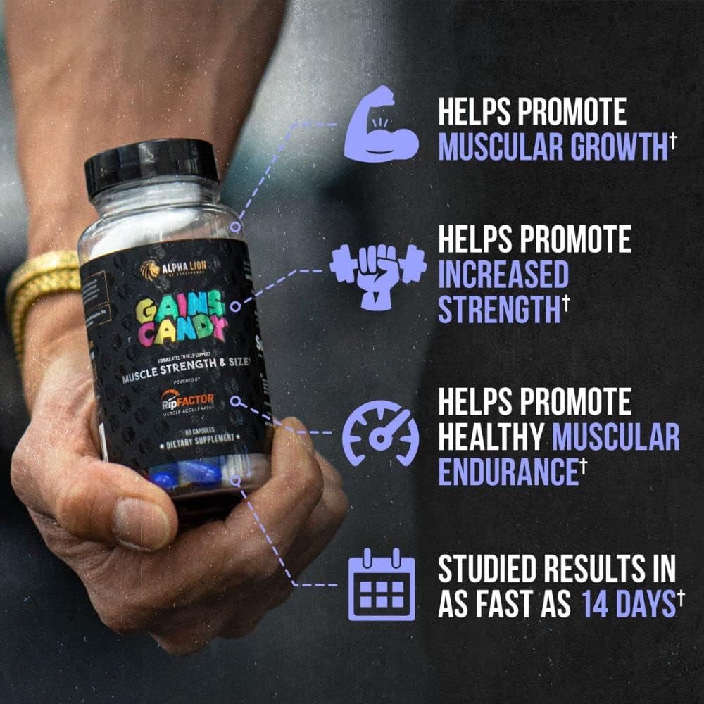 RipFACTOR® Alpha Lion Gains Candy Supplement Pills - Muscle Growth & Strength Booster - 60 Capsules - Daily Energy Upgrade