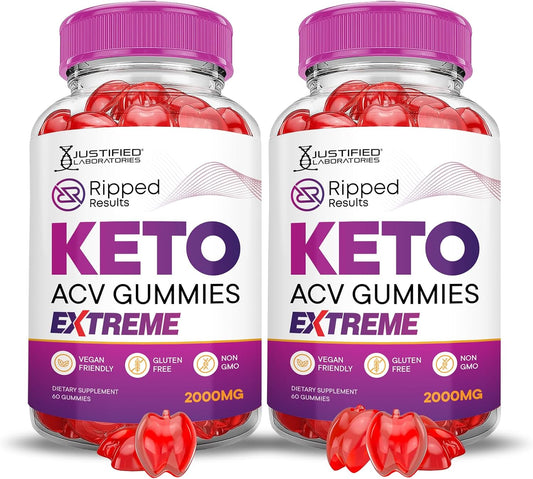 Ripped Results Keto ACV Gummies Extreme 2 Pack - 2000MG Apple Cider Vinegar with Pomegranate & Beet Juice Powder - B12 Vegan Non GMO 120 Gummies