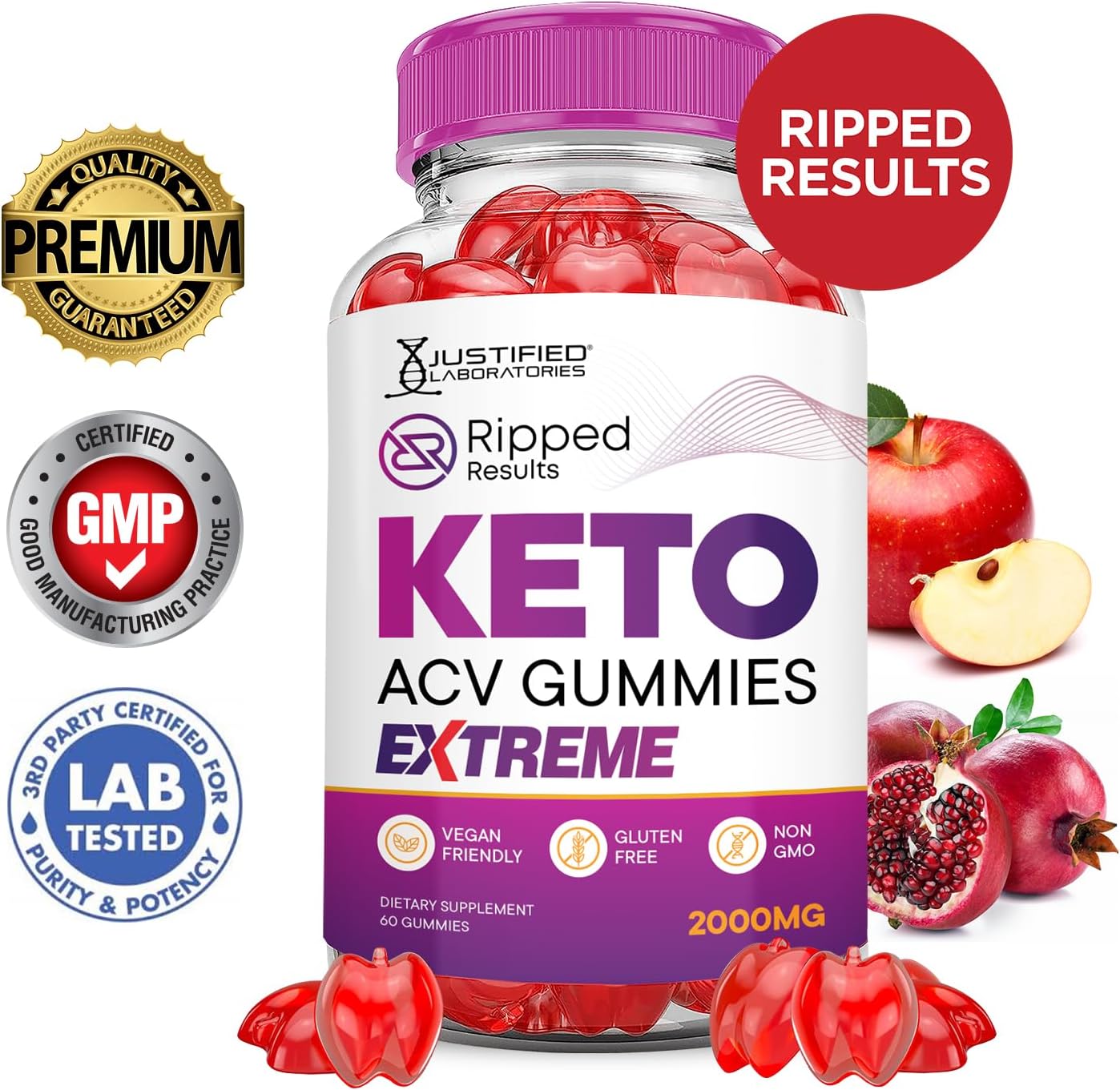 Ripped Results Keto ACV Gummies Extreme 2 Pack - 2000MG Apple Cider Vinegar with Pomegranate & Beet Juice Powder - B12 Vegan Non GMO 120 Gummies
