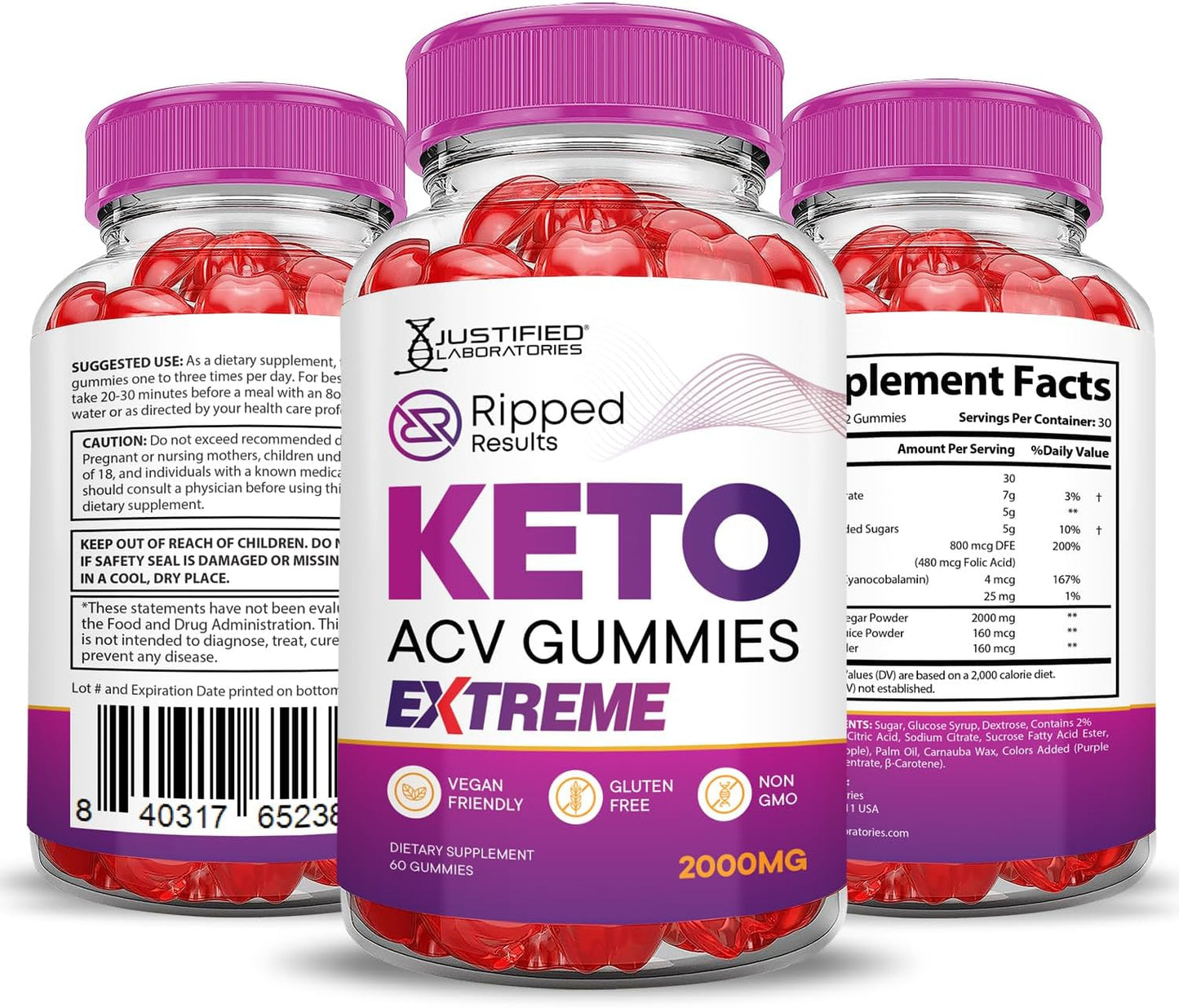 Ripped Results Keto ACV Gummies Extreme 2 Pack - 2000MG Apple Cider Vinegar with Pomegranate & Beet Juice Powder - B12 Vegan Non GMO 120 Gummies