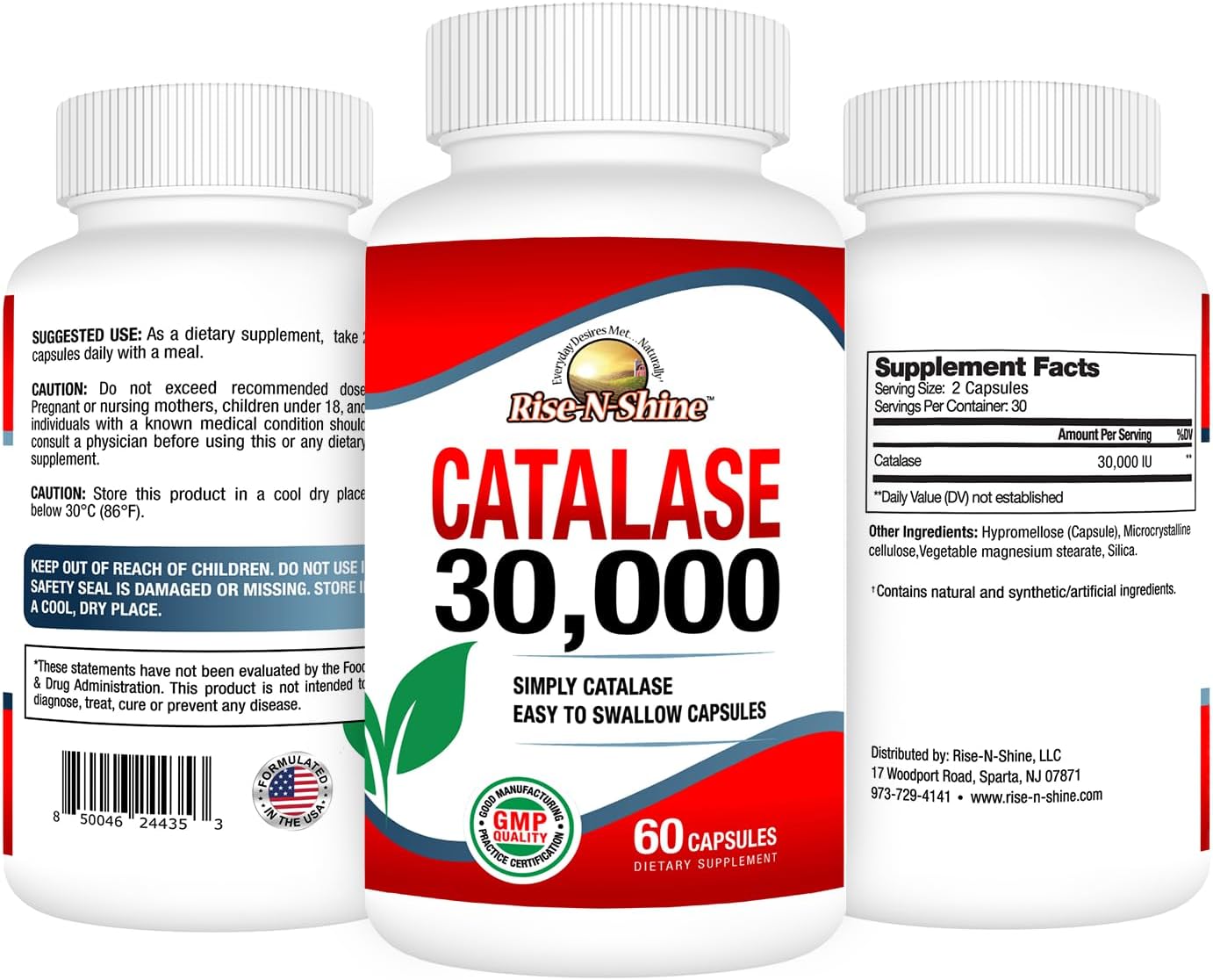 Rise-N-Shine Catalase Supplement 30,000 - Powerful Antioxidant Enzyme for Hair Health Support - 60 Capsules