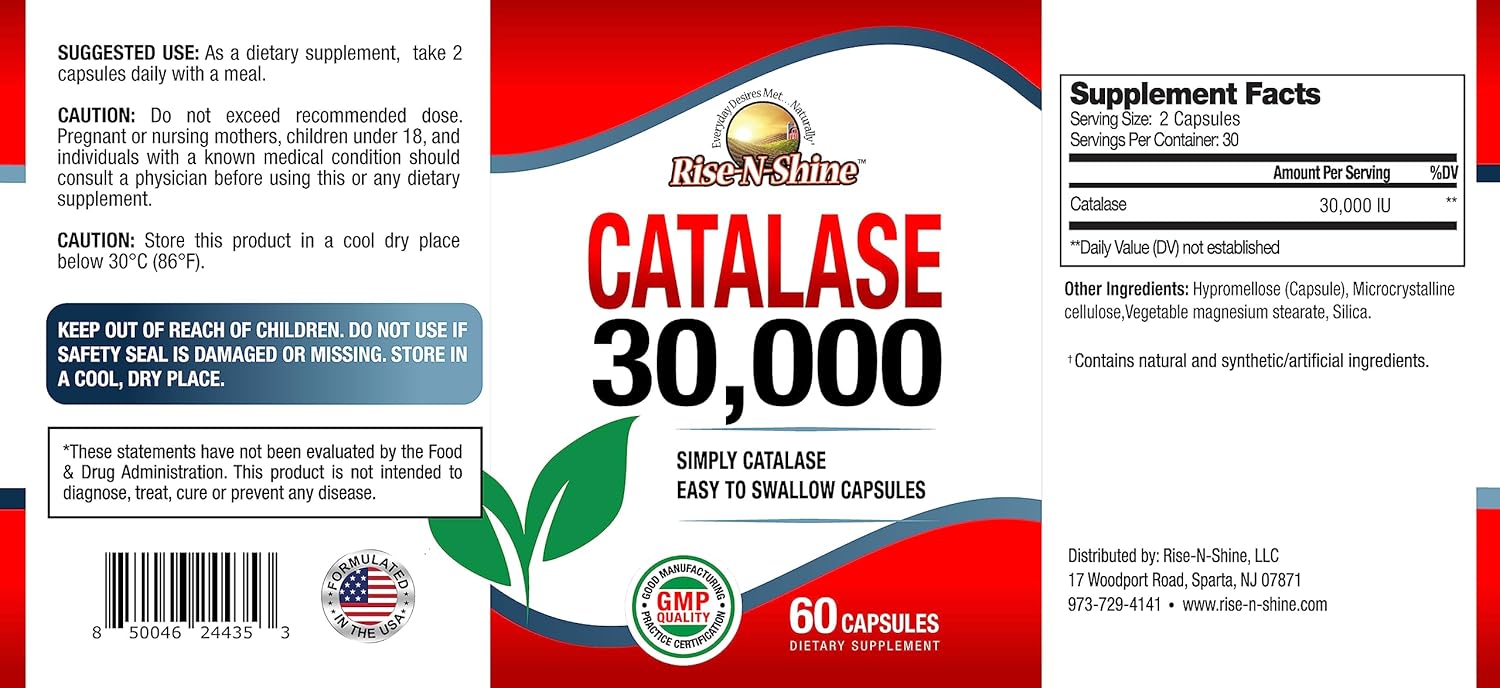 Rise-N-Shine Catalase Supplement 30,000 - Powerful Antioxidant Enzyme for Hair Health Support - 60 Capsules