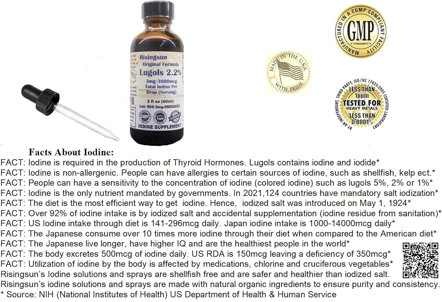 Risingsun Lugols 2.2% Iodine Solution 2oz - 3mg per Drop - 1200 Servings - Natural Organic Ingredients
