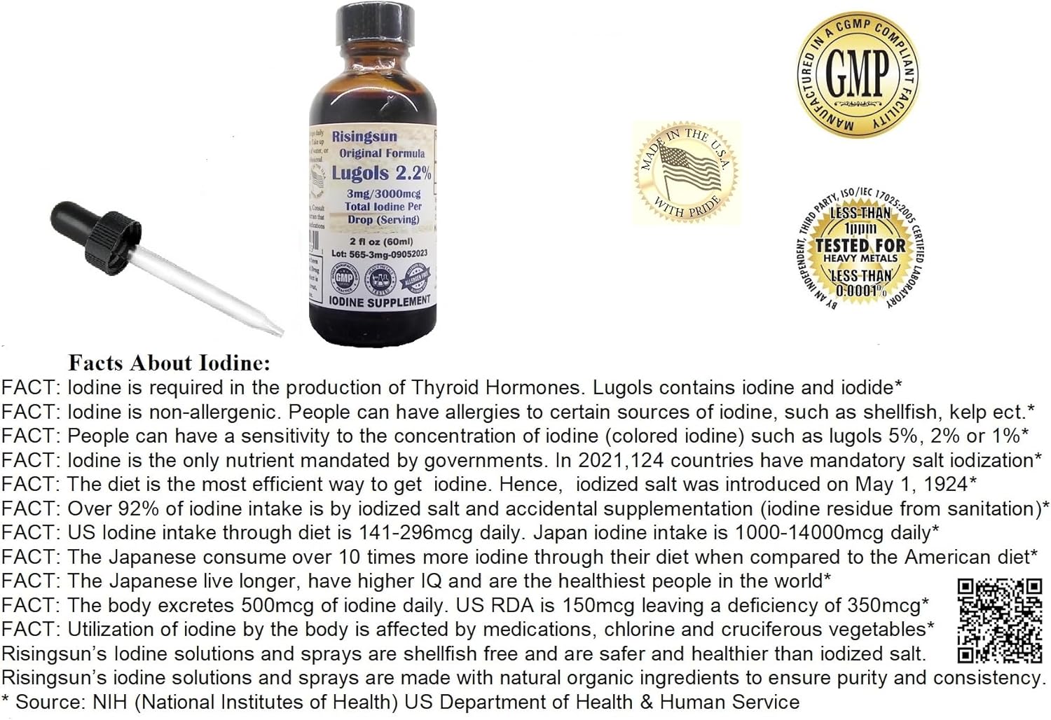 Risingsun Lugols 2.2% Iodine Solution 2oz - 3mg per Drop - 1200 Servings - Natural Organic Ingredients