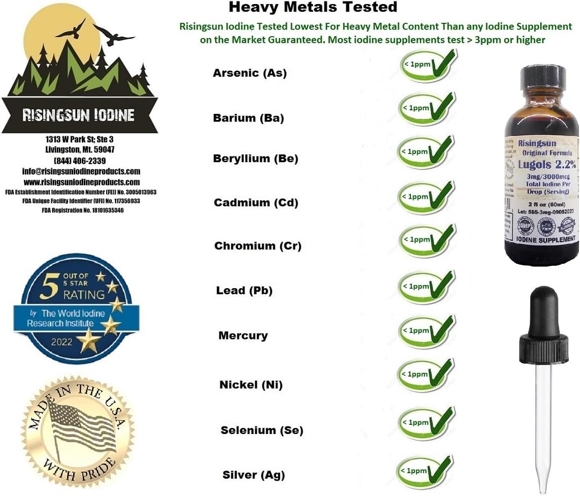 Risingsun Lugols 2.2% Iodine Solution 2oz - 3mg per Drop - 1200 Servings - Natural Organic Ingredients