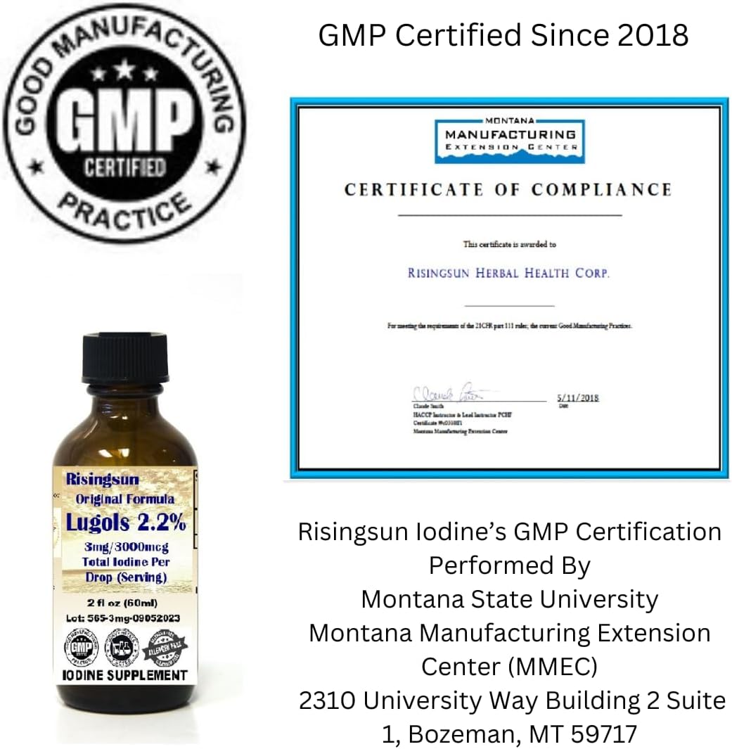 Risingsun Lugols 2.2% Iodine Solution 2oz - 3mg per Drop - 1200 Servings - Natural Organic Ingredients