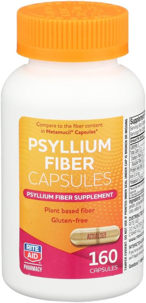 Rite Aid Psyllium Fiber Capsules, 160 Count, Natural Supplement for Constipation Relief and Digestive Health