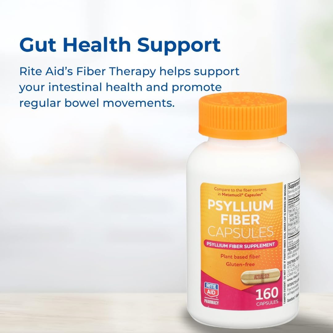 Rite Aid Psyllium Fiber Capsules, 160 Count, Natural Supplement for Constipation Relief and Digestive Health