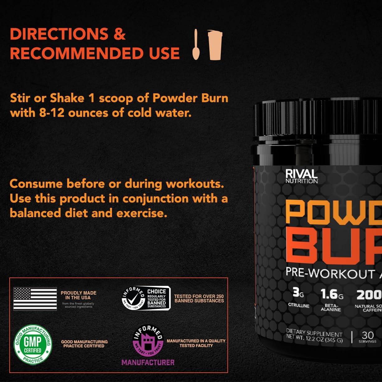 RIVAL NUTRITION Powder Burn 2.0 Orange - 35 Servings, 14.24 Ounce - Energy-Boosting Supplement