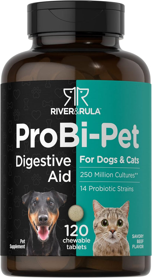 River & RULA Savory Beef Flavored Probiotics for Dogs & Cats | 120 Chewable Tablets | Digestive Aid with 14 Probiotic Strains