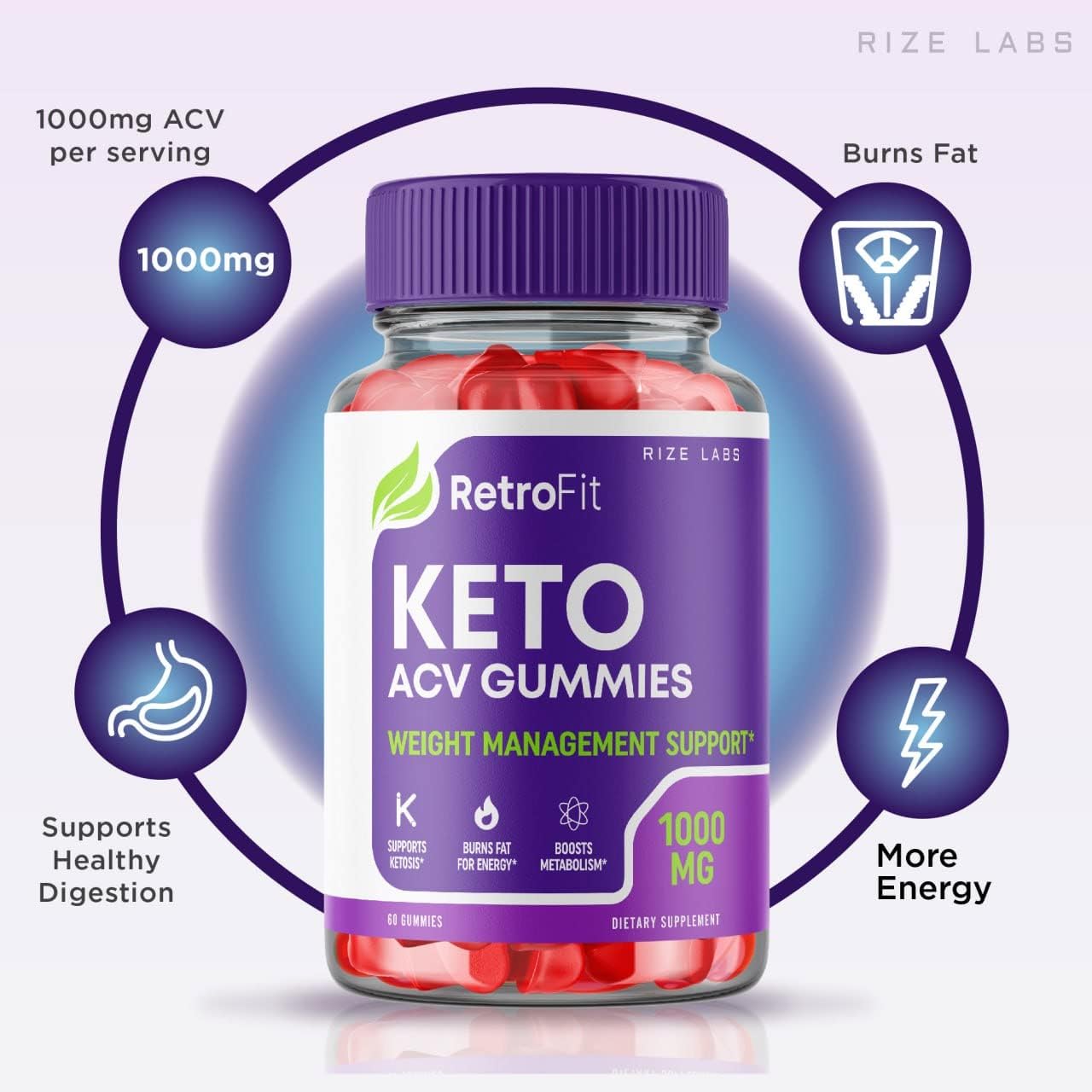 Rize Labs RetroFit Keto ACV Gummies - Advanced Weight Loss with Apple Cider Vinegar - Reduce Belly Fat - Extra Strength - 60 Gummies