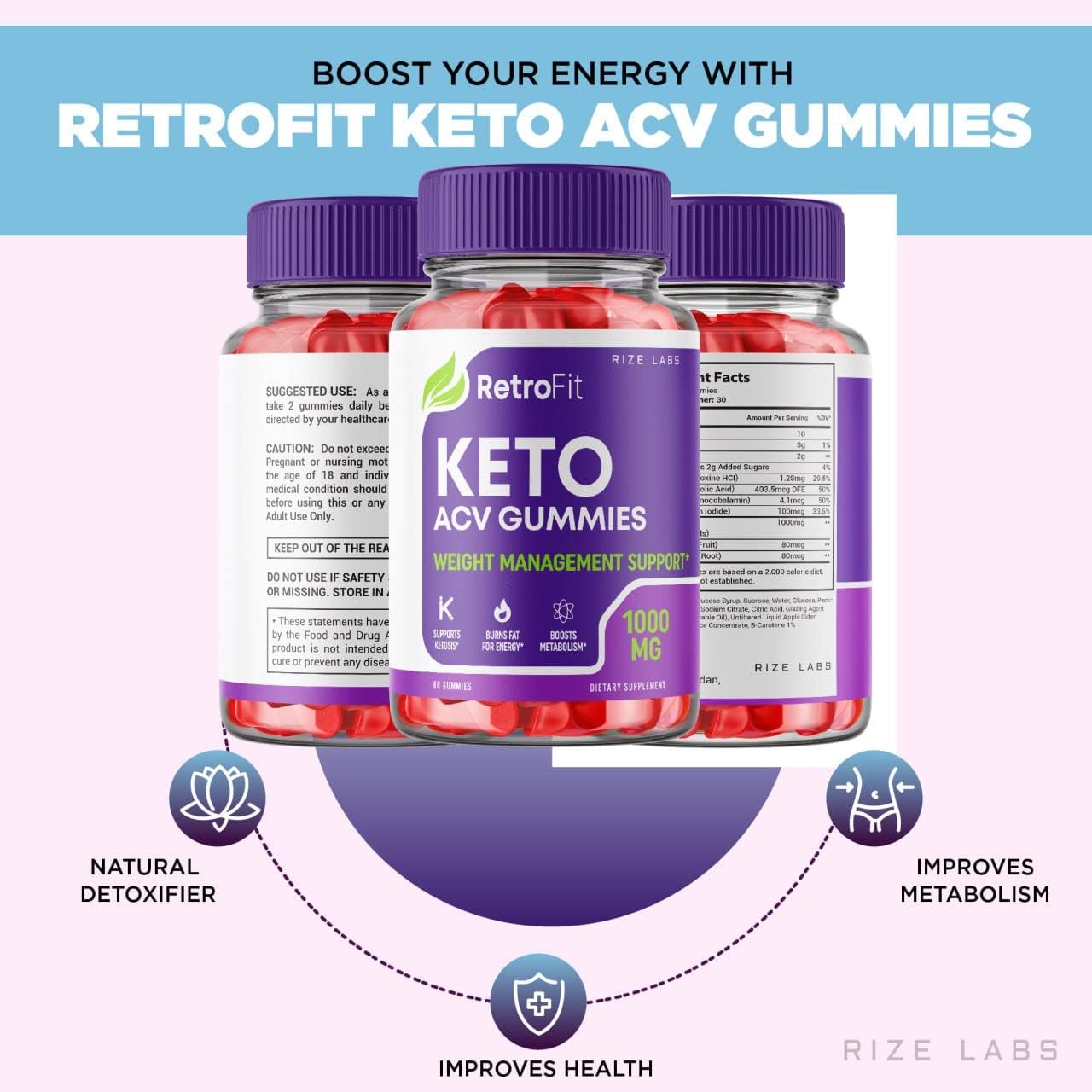 Rize Labs RetroFit Keto ACV Gummies - Advanced Weight Loss with Apple Cider Vinegar - Reduce Belly Fat - Extra Strength - 60 Gummies