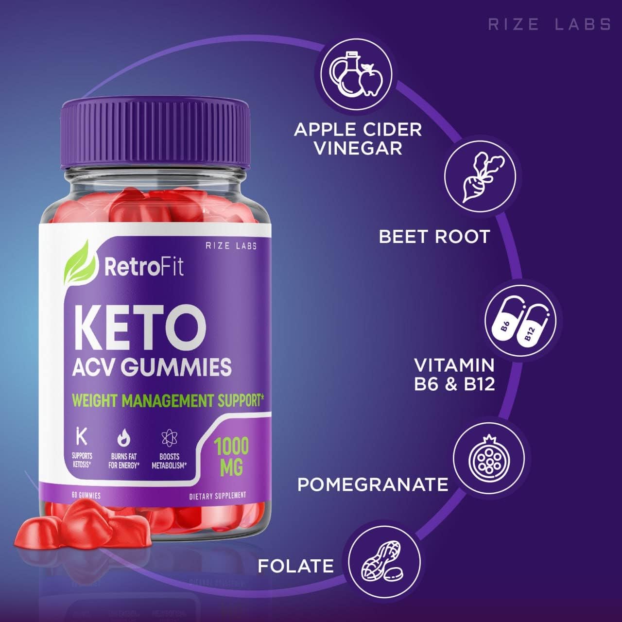 Rize Labs RetroFit Keto ACV Gummies - Advanced Weight Loss with Apple Cider Vinegar - Reduce Belly Fat - Extra Strength - 60 Gummies