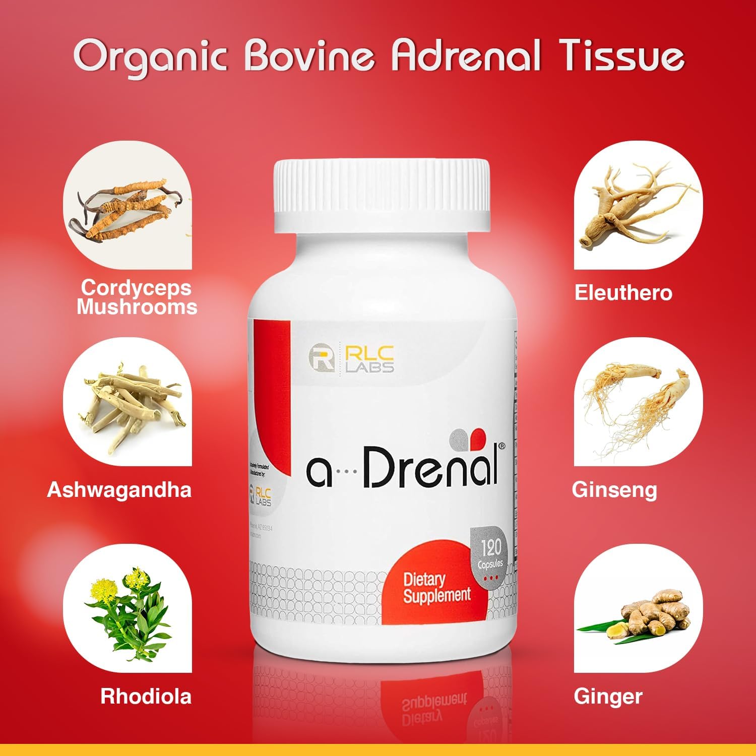 RLC Labs RLC, a-Drenal, Adrenal Support Capsules - Balance Cortisol, Boost Energy, Reduce Stress with Ashwagandha, Rhodiola, Cordyceps, Ginseng, L-Theanine - Men & Women's Adrenal Support