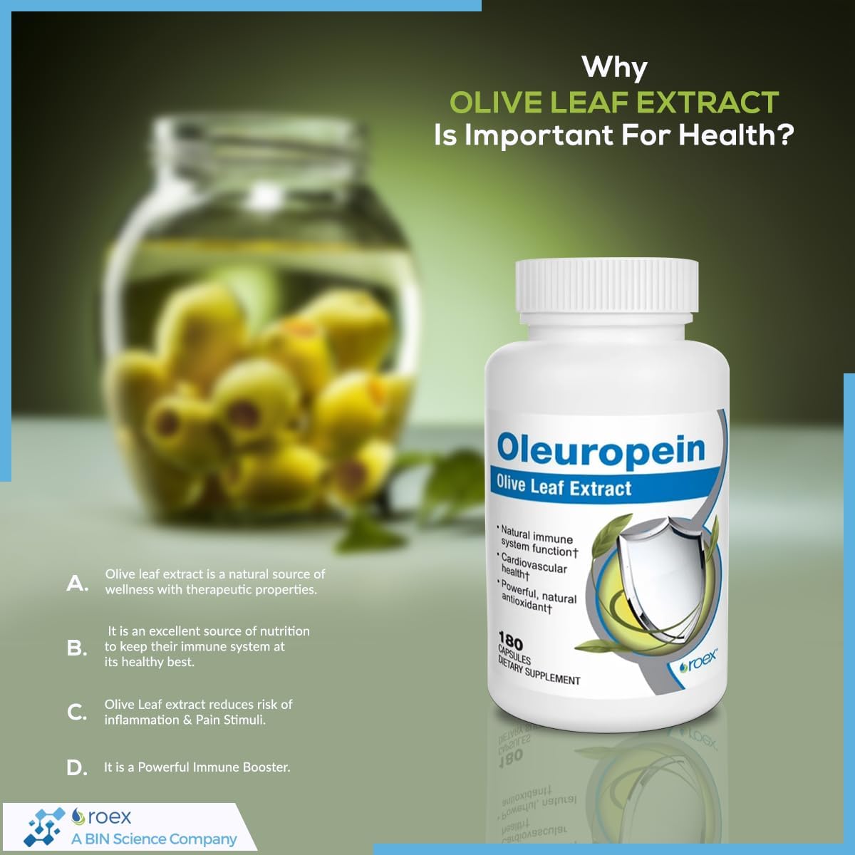 Roex Oleuropein Olive Leaf Vitamins - 180 Count Dietary Supplements for Healthy Heart & Immune System Boost