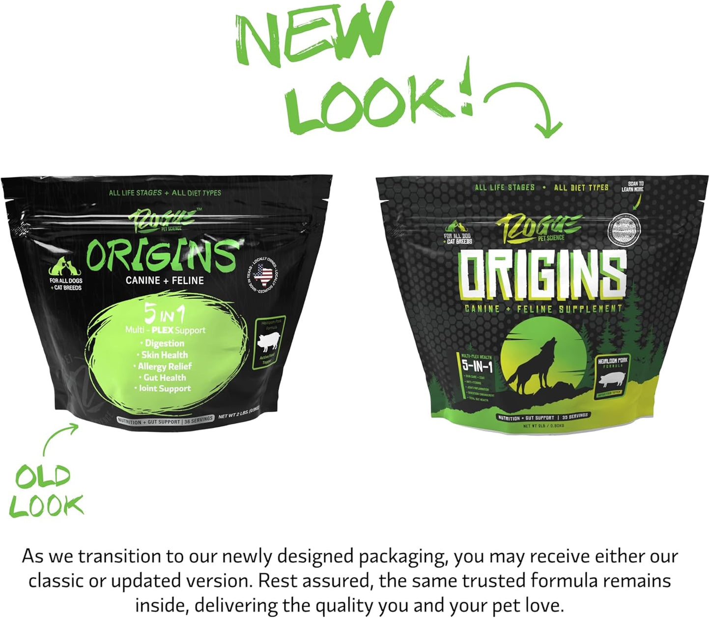 Rogue Pet Science Origins 5-in-1 Dog Supplement with Natural Heirloom Pork Protein - Powder Food Topper for Healthy Digestion, Skin, Coat - Reduces Itching & Joint Inflammation - 2 lbs