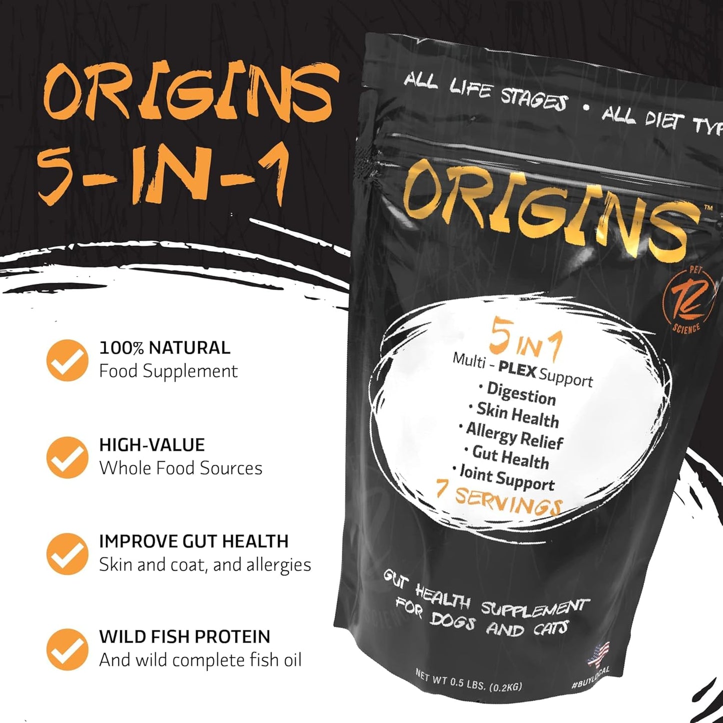 Rogue Pet Science Origins 5-in-1 Dog Supplement with Natural Omega 3 Fish Oil for Healthy Digestion, Skin, Coat, Itching & Joint Inflammation