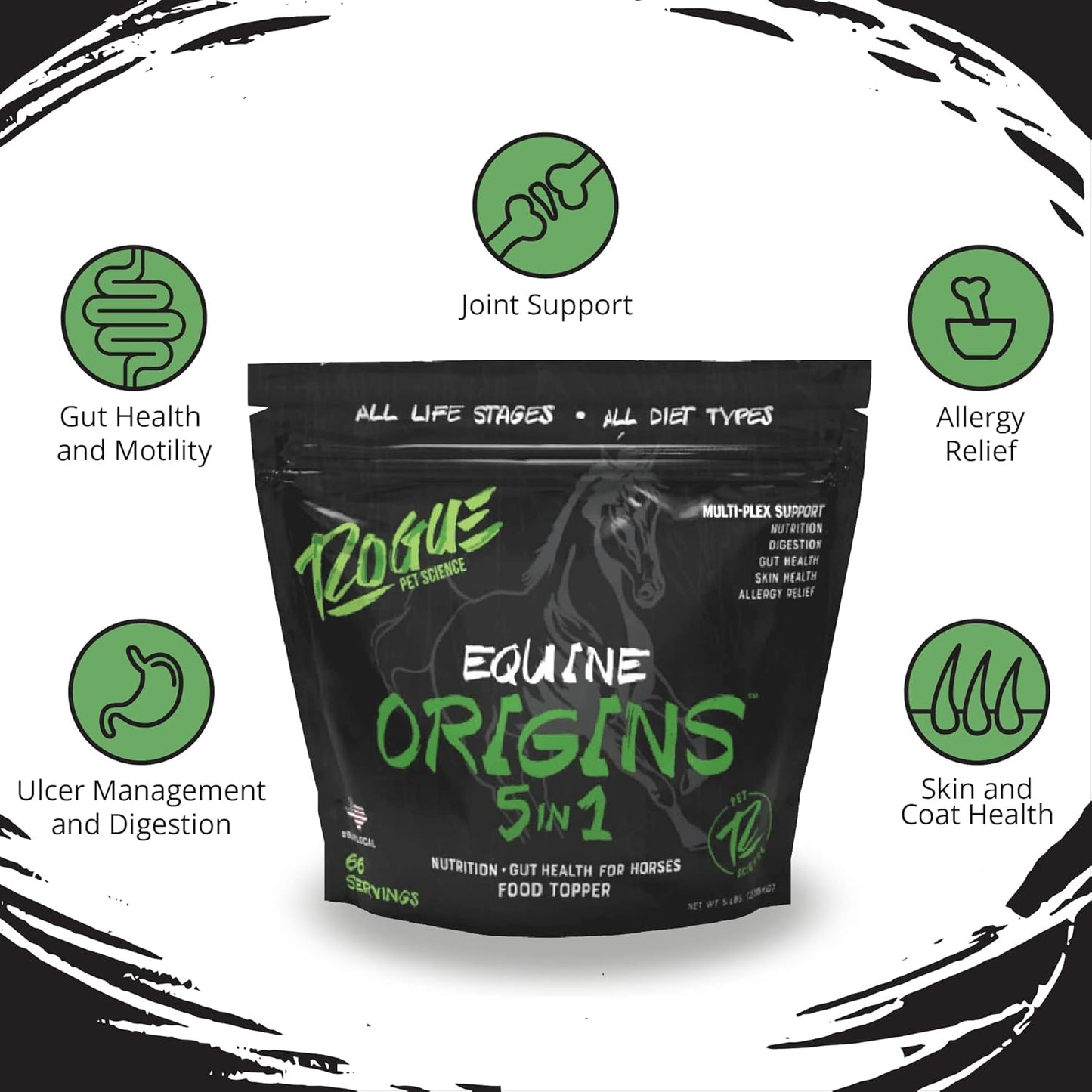 Rogue Pet Science Origins 5-in-1 Horse Supplement with Omega 3 Fish Oil - Supports Gut Health, Ulcer Relief, Joints, Allergies, Skin, Coat - 5 lb Pelleted Equine Food Topper