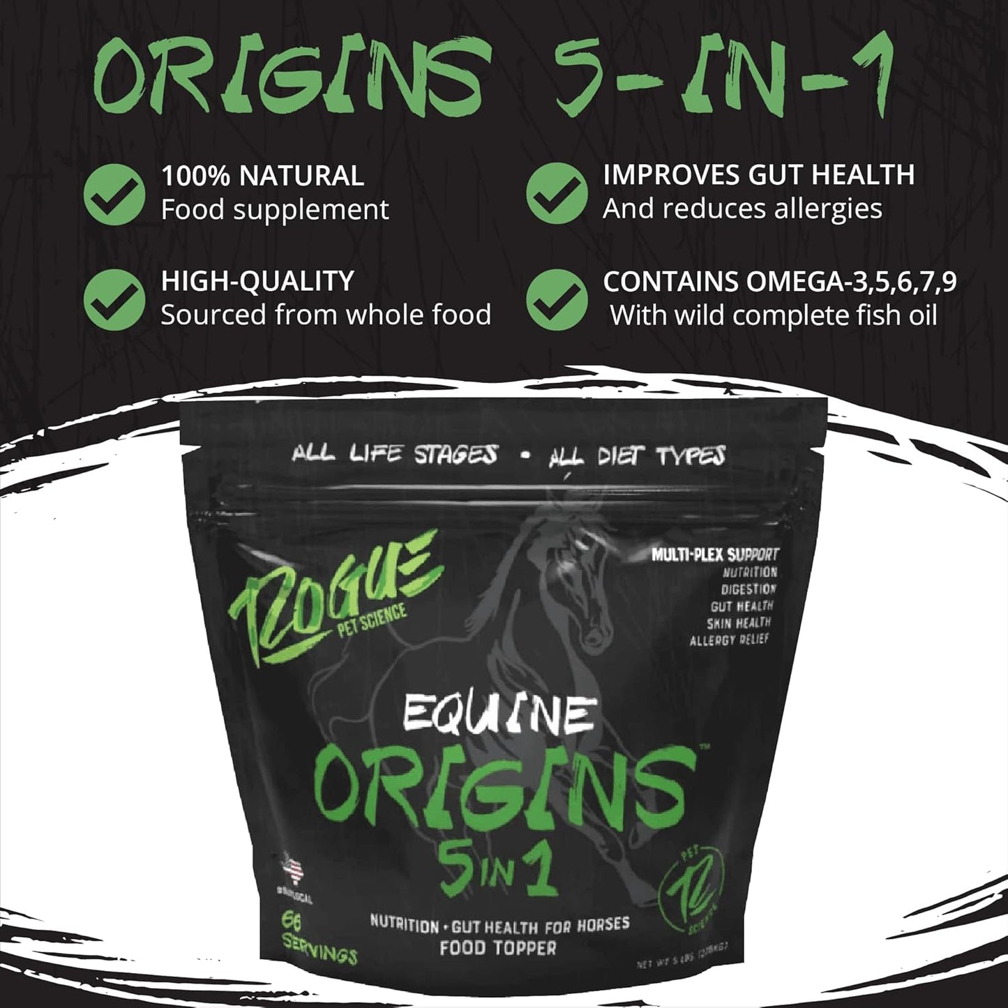 Rogue Pet Science Origins 5-in-1 Horse Supplement with Omega 3 Fish Oil - Supports Gut Health, Ulcer Relief, Joints, Allergies, Skin, Coat - 5 lb Pelleted Equine Food Topper