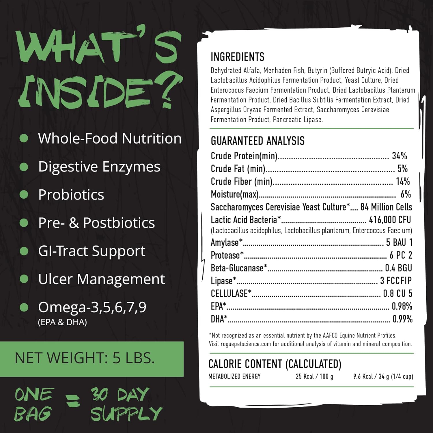 Rogue Pet Science Origins 5-in-1 Horse Supplement with Omega 3 Fish Oil - Supports Gut Health, Ulcer Relief, Joints, Allergies, Skin, Coat - 5 lb Pelleted Equine Food Topper