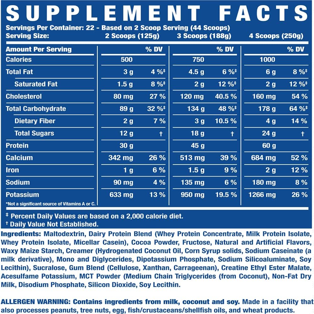 Ronnie Coleman Signature Series King Mass XL Chocolate Protein Powder, Muscle Gainer, 60g Protein, 180g Carbs, 1,000+ Calories, Creatine & Glutamine, 6 lb