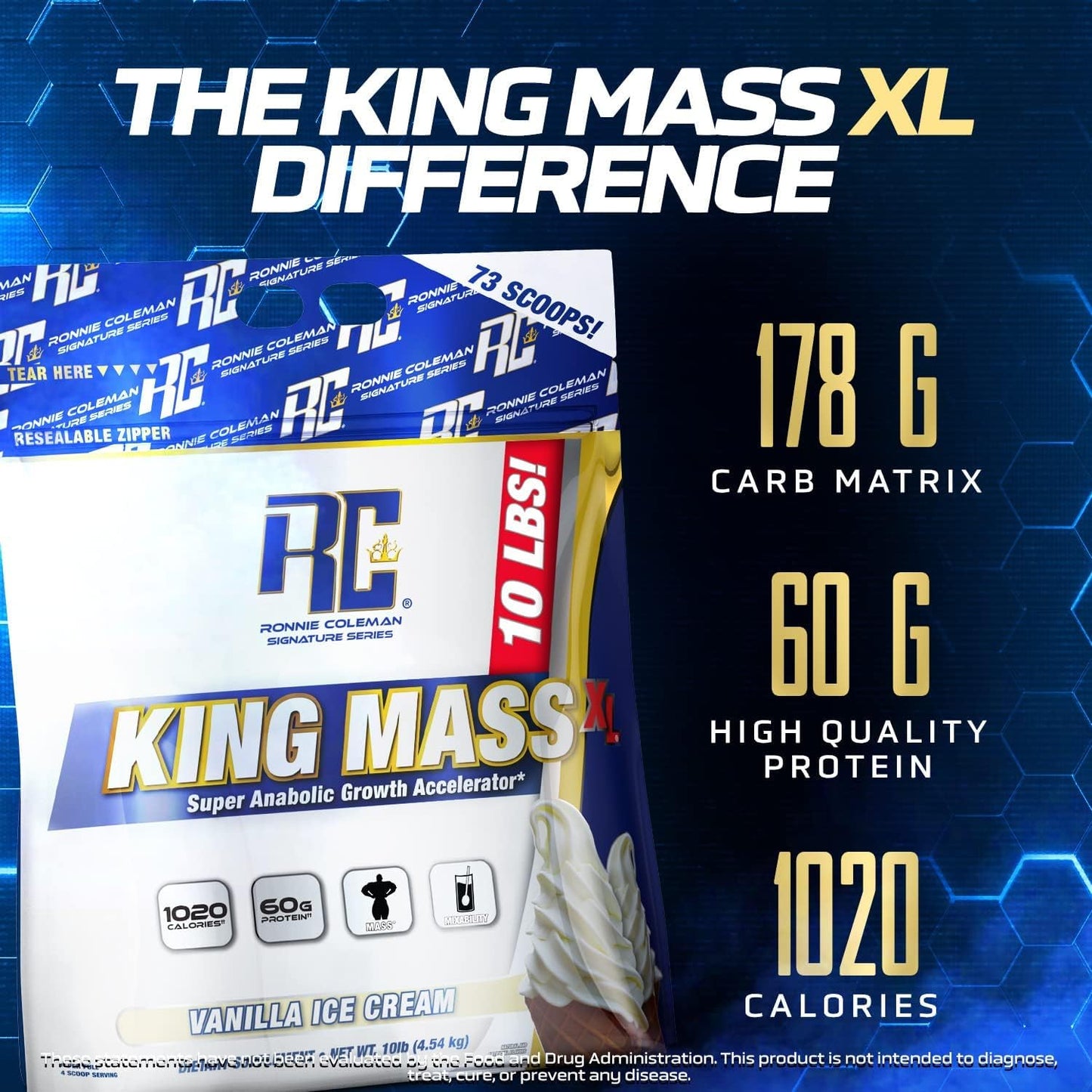 Ronnie Coleman Signature Series King Mass XL Cookies N' Cream 10 lb - High Calorie Mass Gainer Protein Powder with Creatine & Glutamine
