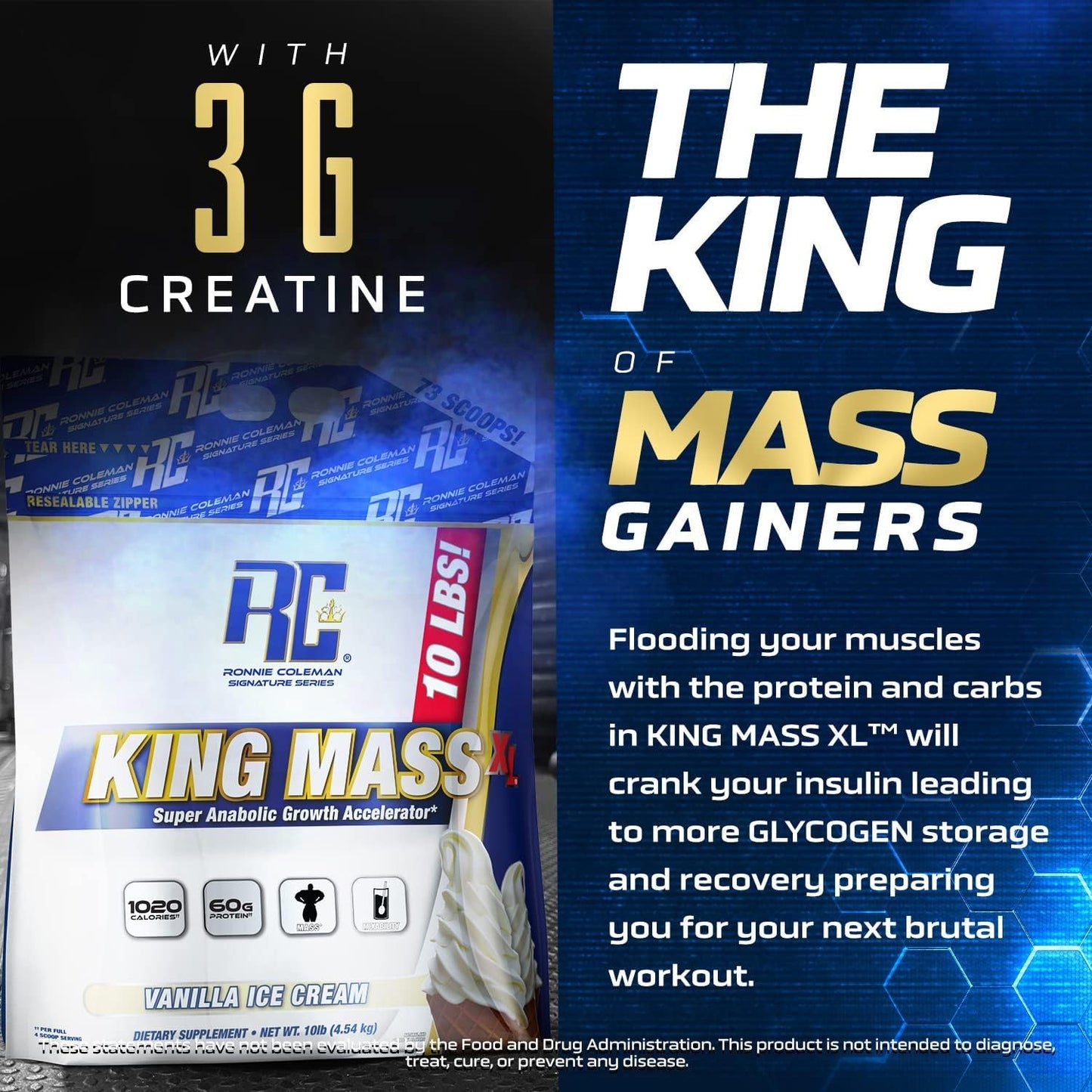 Ronnie Coleman Signature Series King Mass XL Cookies N' Cream 10 lb - High Calorie Mass Gainer Protein Powder with Creatine & Glutamine