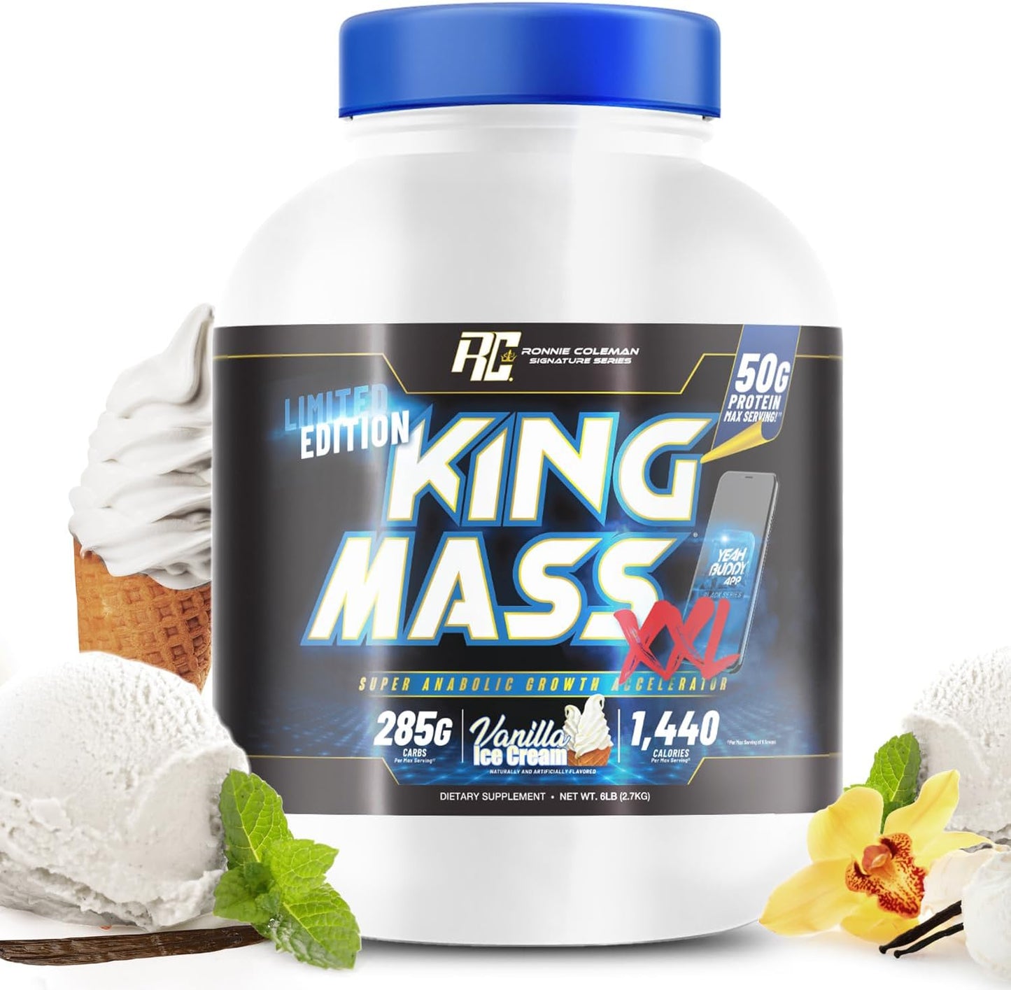Ronnie Coleman Signature Series King Mass XXL Mass Gainer Protein Powder - 50g Protein, 285g Carbs, 1,400+ Calories, Creatine & Glutamine - 6lb Vanilla Flavor