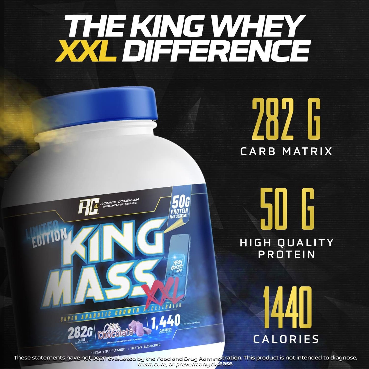 Ronnie Coleman Signature Series King Mass XXL Mass Gainer Protein Powder - 50g Protein, 285g Carbs, 1,400+ Calories, Creatine & Glutamine - 6lb Vanilla Flavor