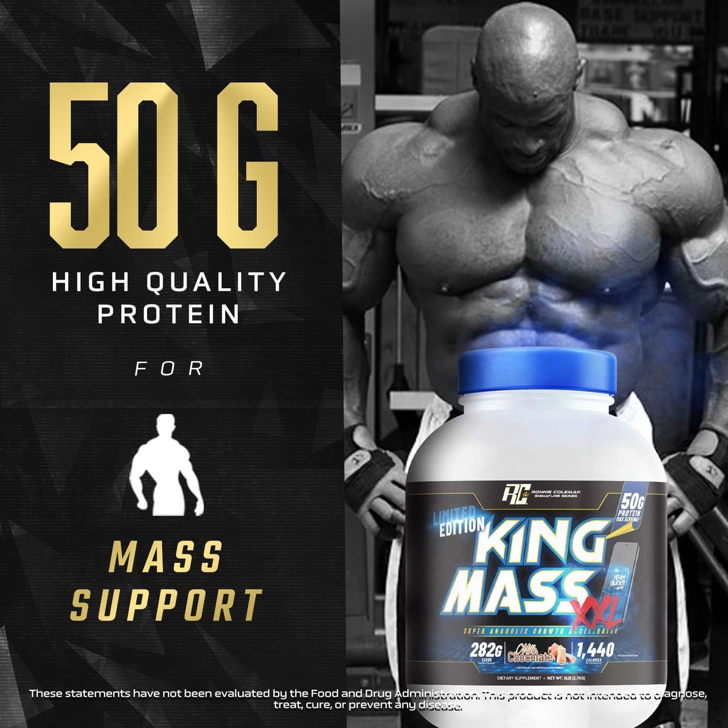 Ronnie Coleman Signature Series King Mass XXL Mass Gainer Protein Powder - 50g Protein, 285g Carbs, 1,400+ Calories, Creatine & Glutamine - 6lb Vanilla Flavor