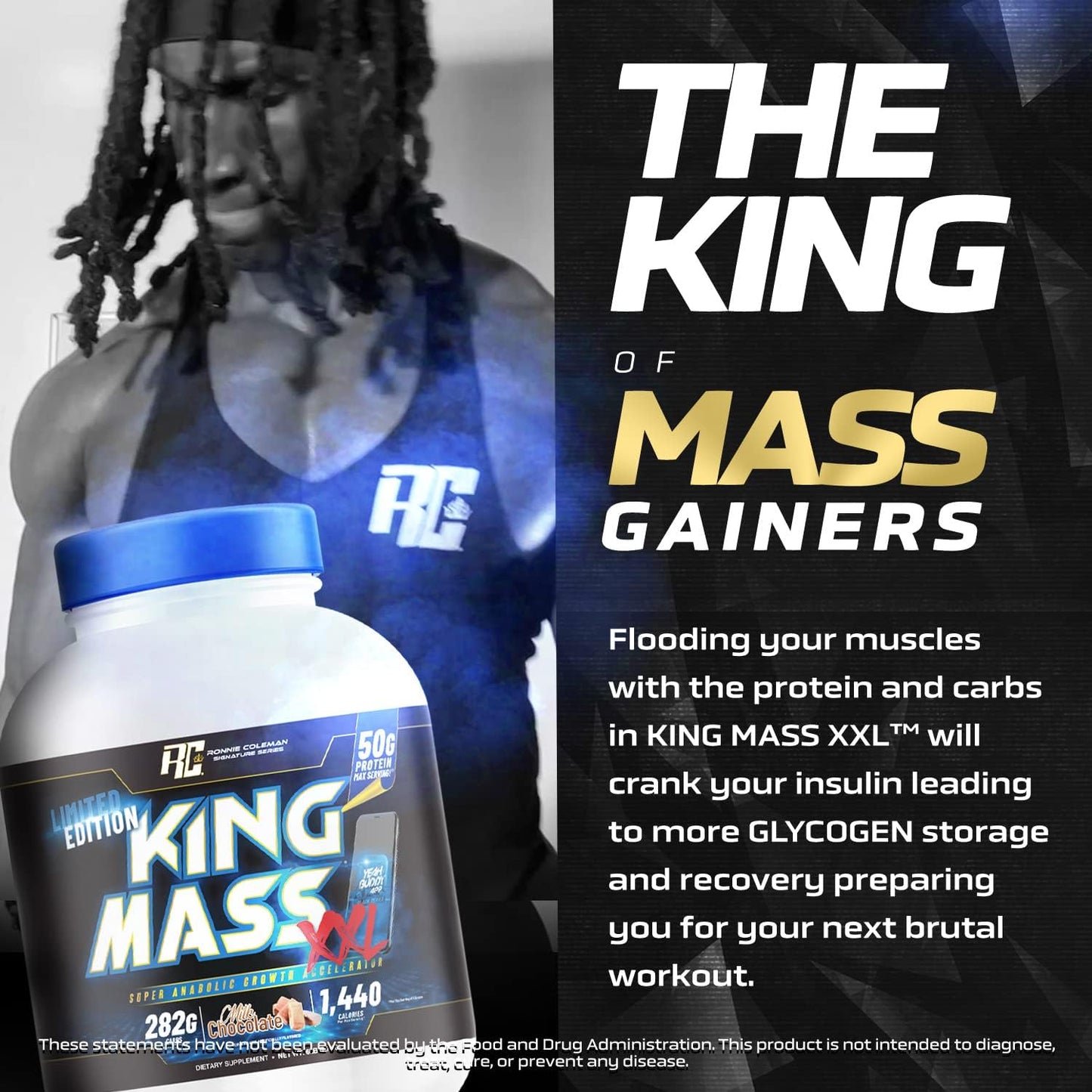 Ronnie Coleman Signature Series King Mass XXL Mass Gainer Protein Powder - 50g Protein, 285g Carbs, 1,400+ Calories, Creatine & Glutamine - 6lb Vanilla Flavor