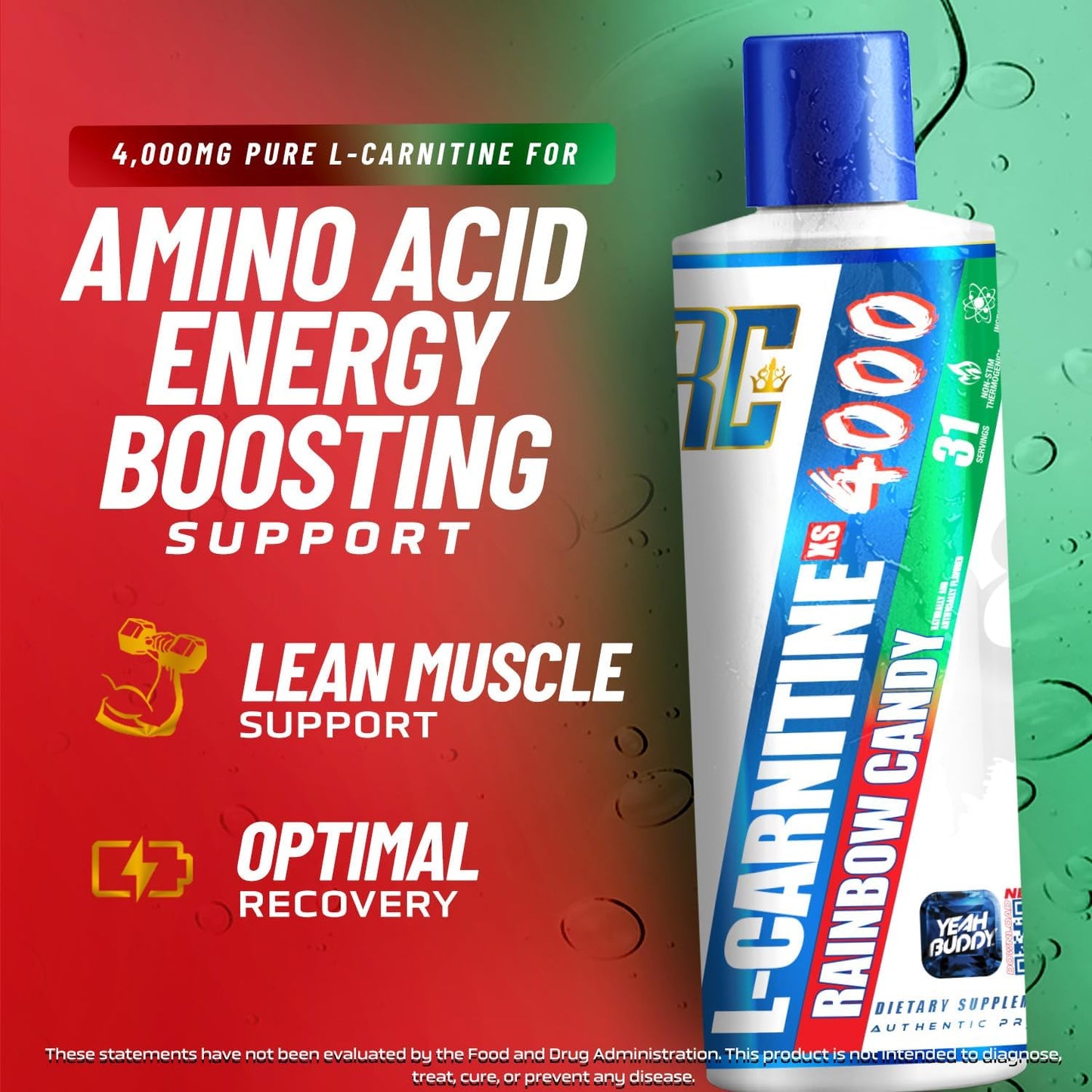 Ronnie Coleman Signature Series L Carnitine XS 4000 Liquid - Lean Muscle Strength Support - Stimulant & Sugar Free - 16 Oz Rainbow Candy Flavor