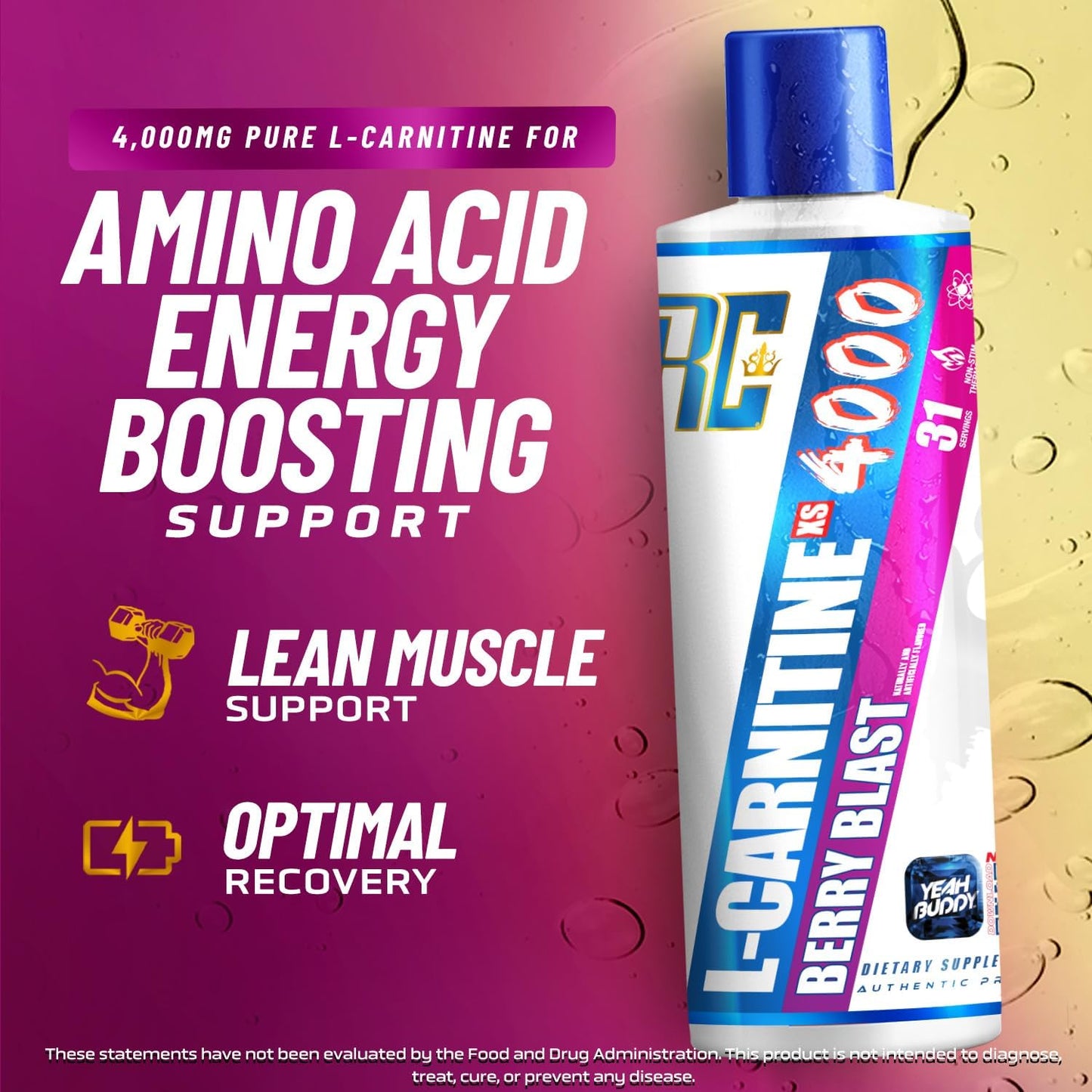 Ronnie Coleman Signature Series L Carnitine XS 4000 Liquid - Stimulant/Sugar Free, Lean Muscle Strength Support - Amino Acid Supplement for Men & Women - Berry Blast Flavor, 16 Oz